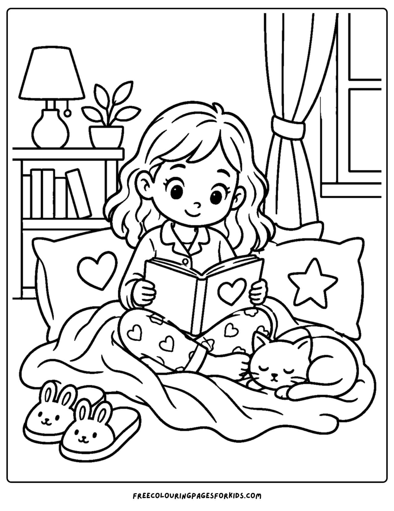 a coloring page of a cozy blanket scene with a girl in her pajamas reading