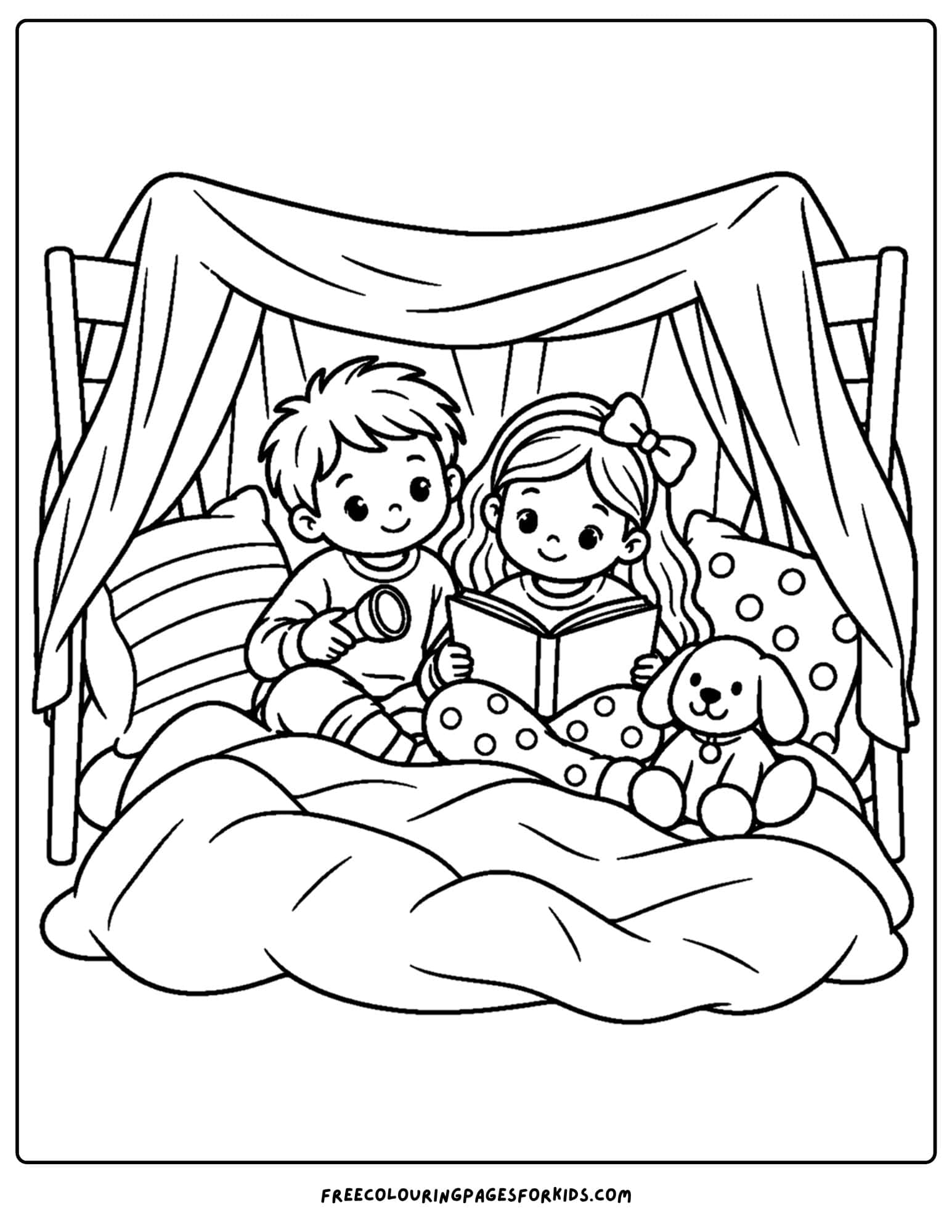 a coloring page of a cozy pillow fort with kids inside reading a book