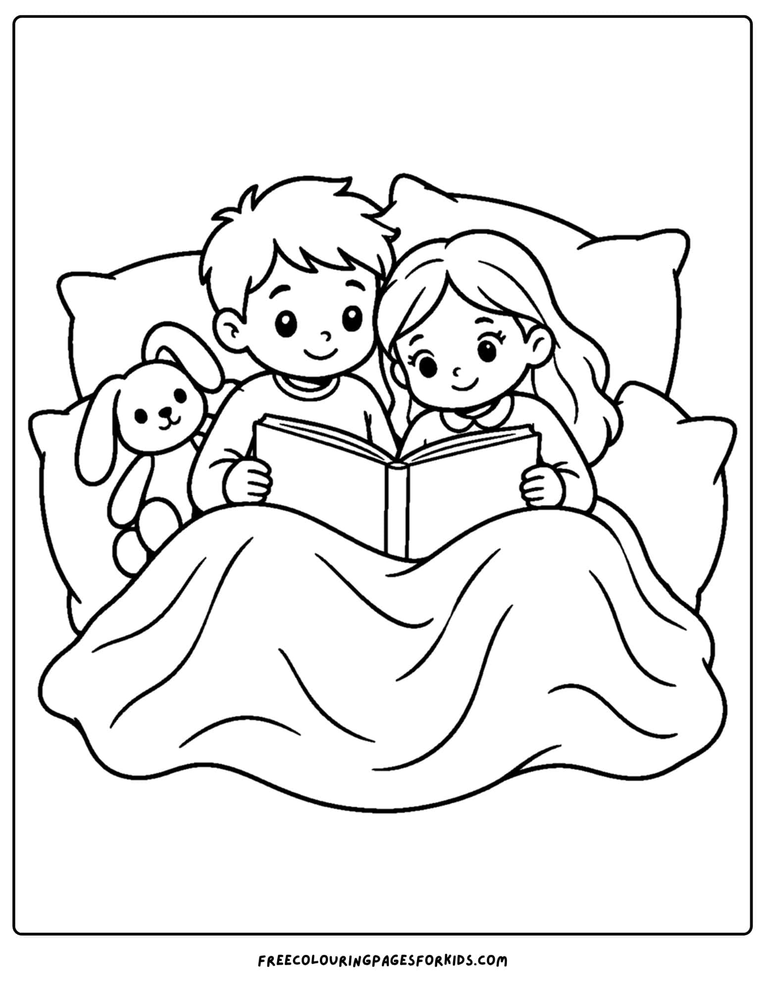 a coloring page of a cozy scene of siblings snuggled under a blanket reading