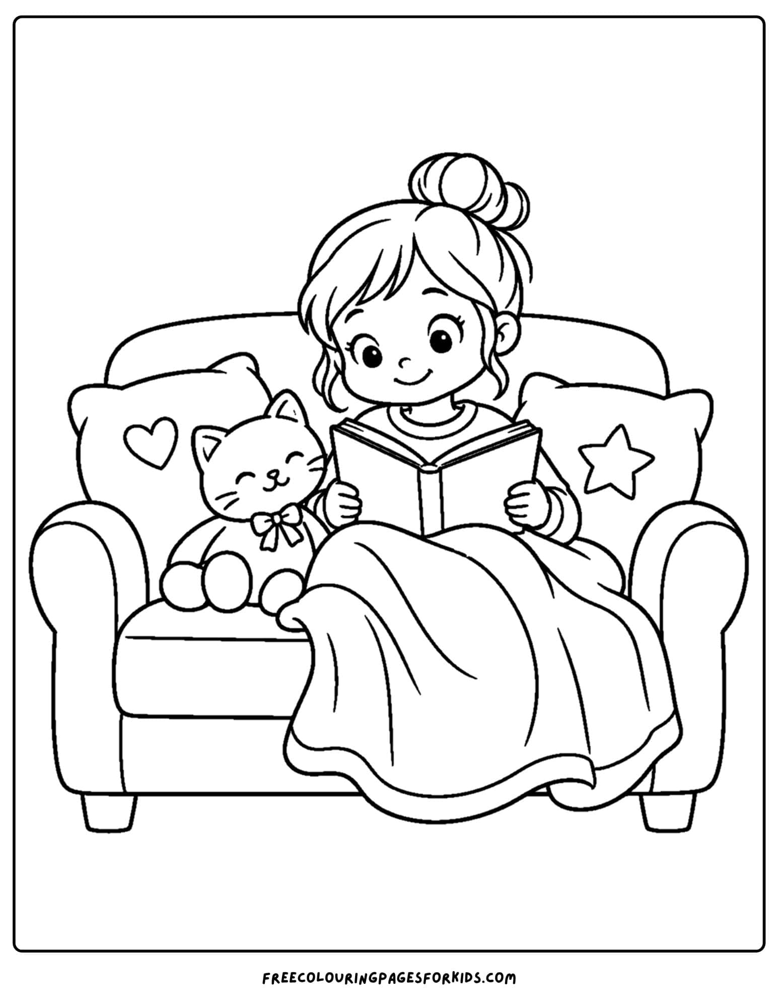 a coloring page of a cozy sofa where a girl reads a book under a blanket