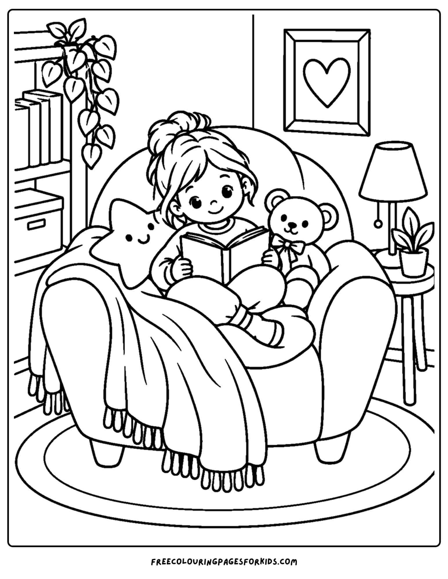a coloring page of a cozy chair and a girl sitting in it with a teddy reading