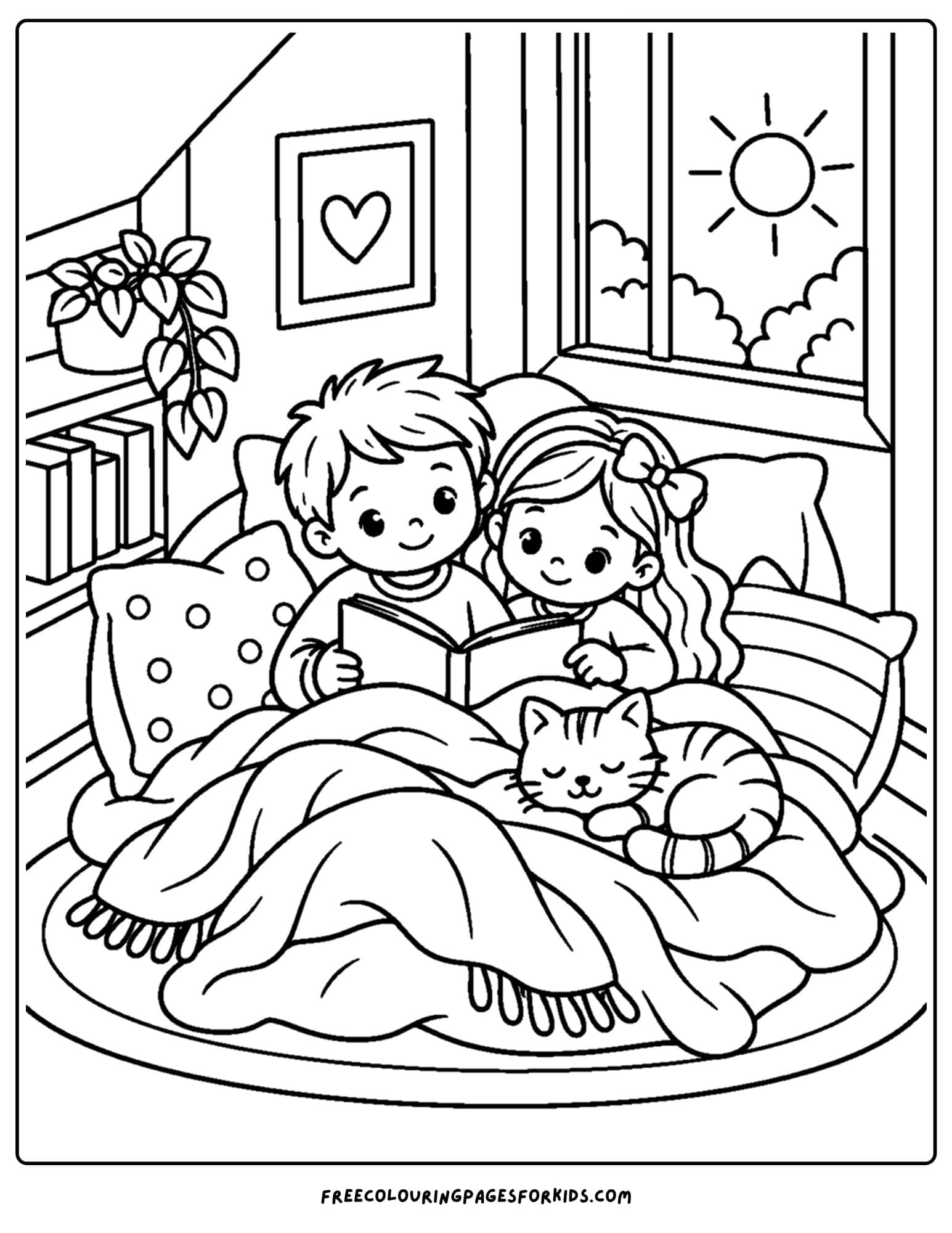 a coloring page of a cozy scene of two children snuggled up together reading a book