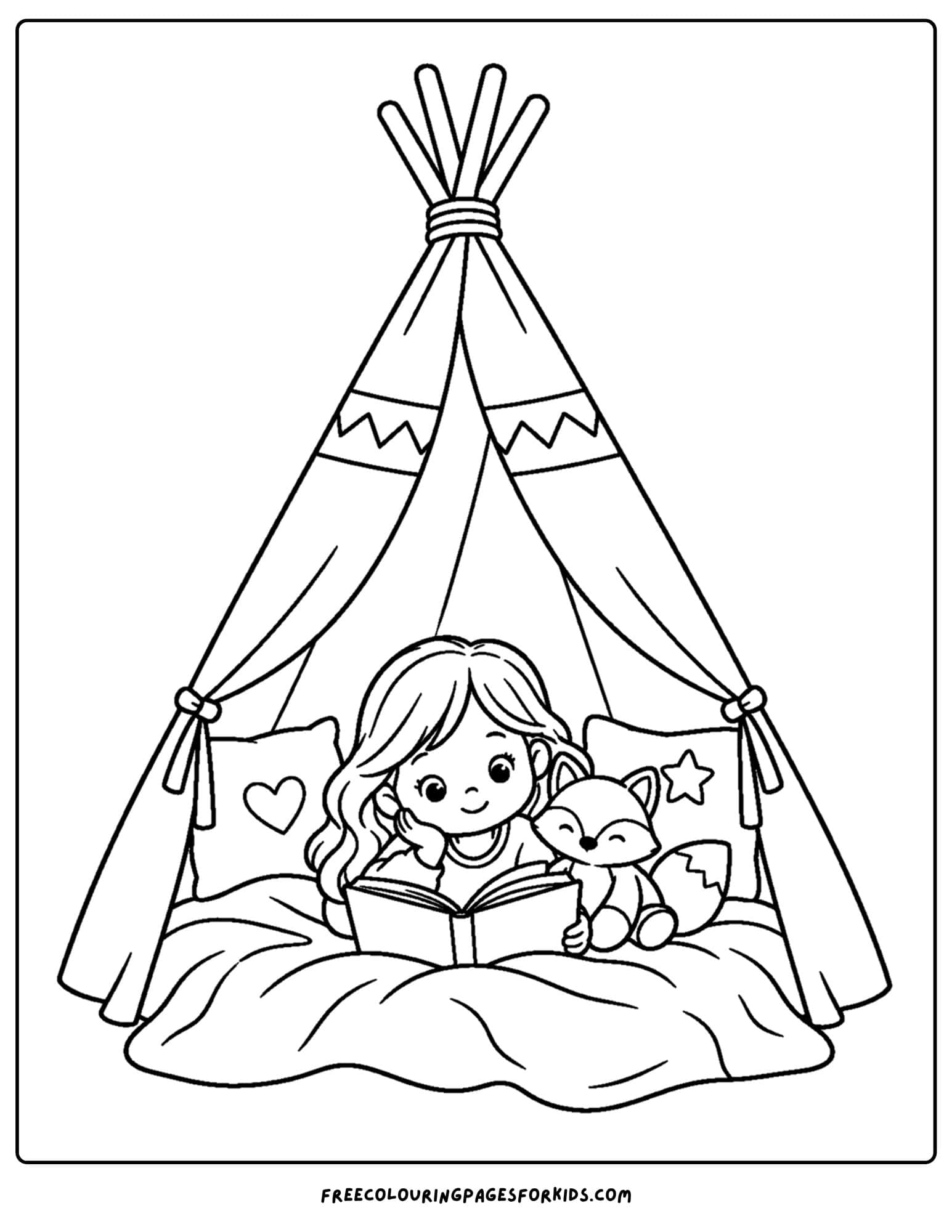 a coloring page of a cozy teepee with blankets as a girl reads