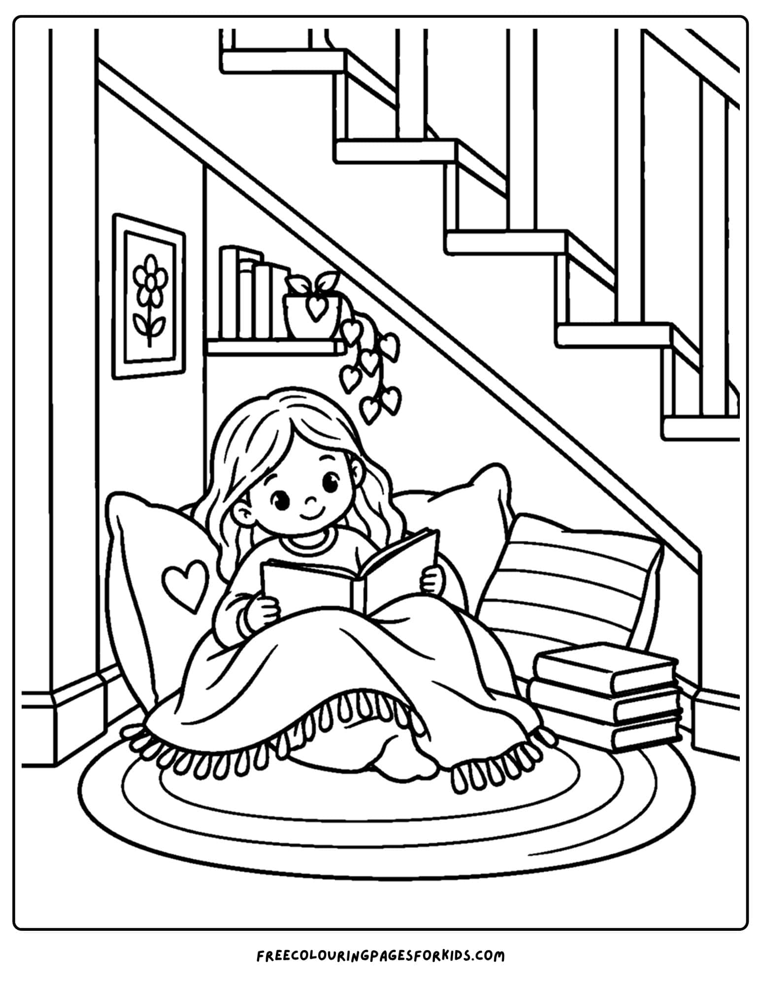 a coloring page of a cozy spot under the stairs where a child reads a book