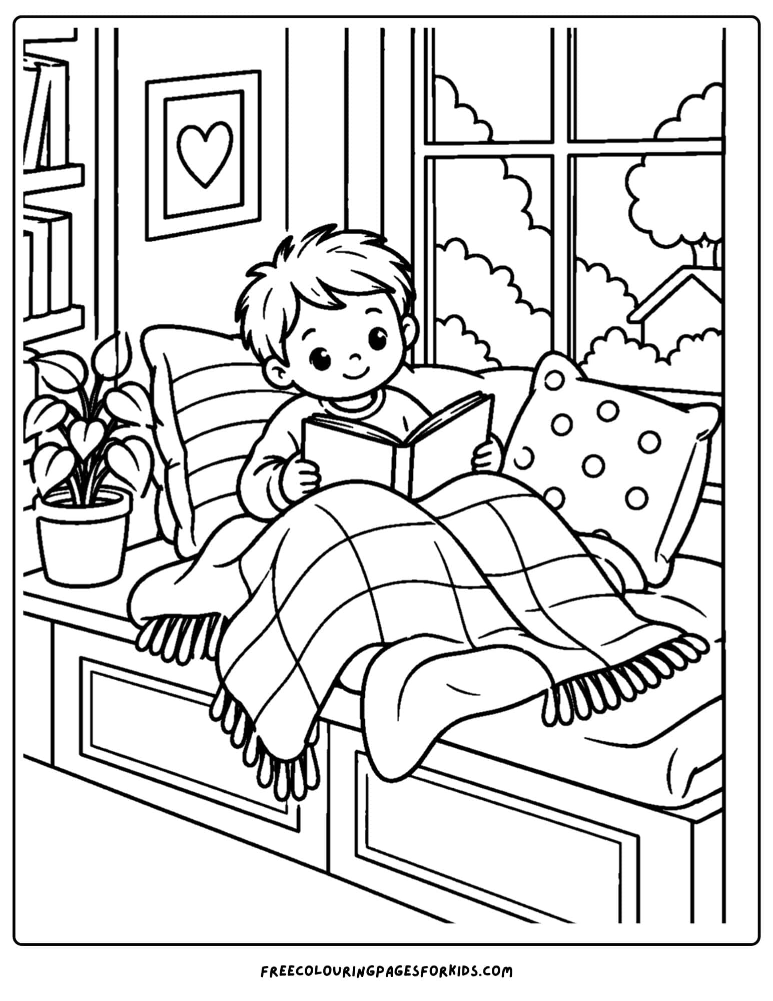 a coloring page of a cozy window seat where a boy is snuggle up reading a book