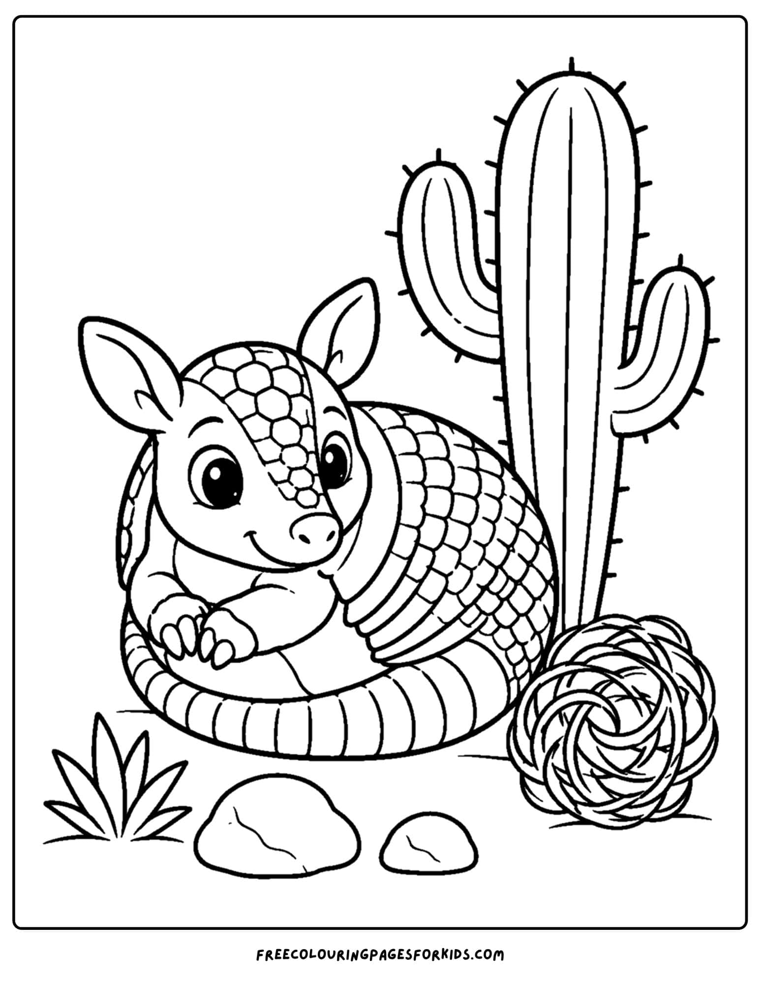 a desert coloring page showing an armadillo curled up
