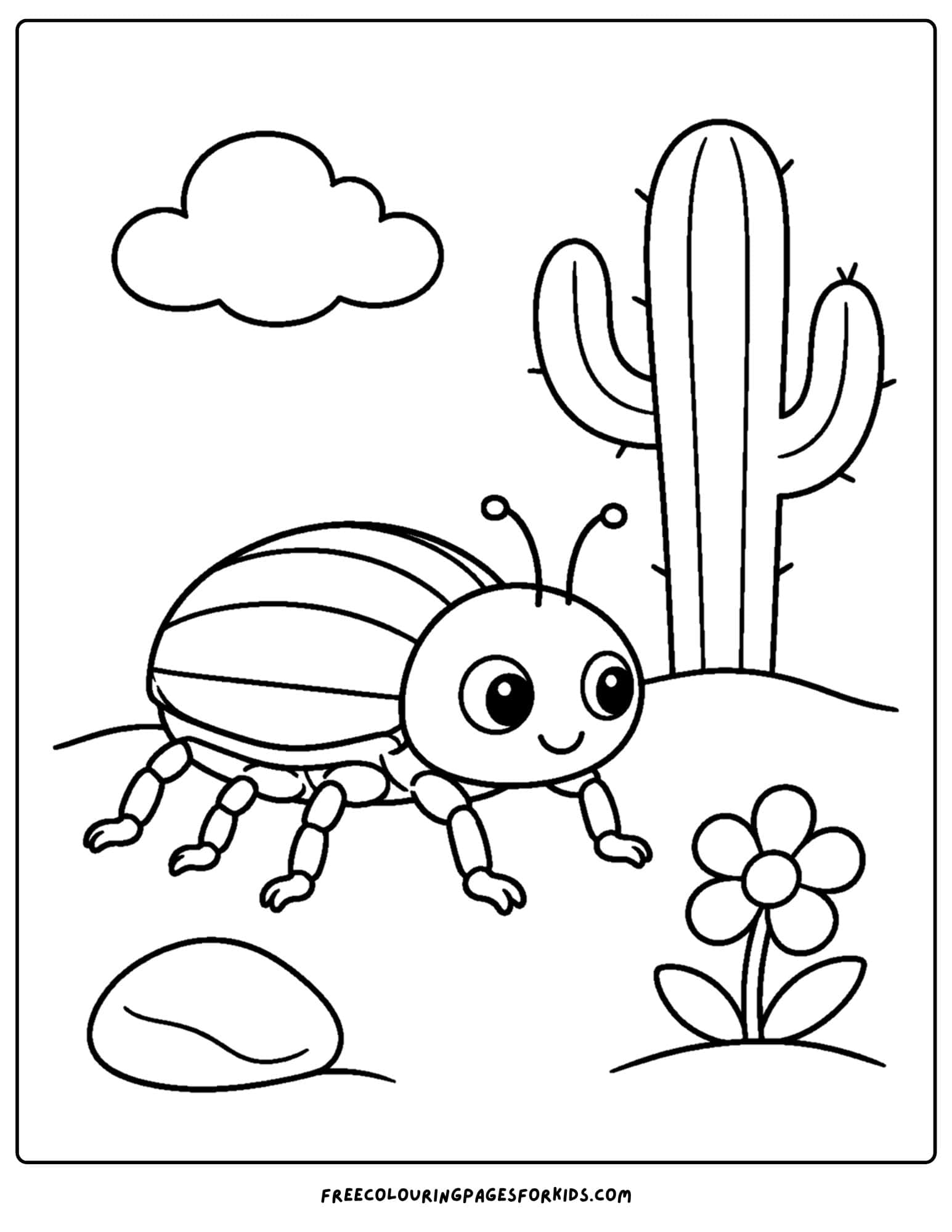 a desert coloring page showing a beetle walking slowly across the sand