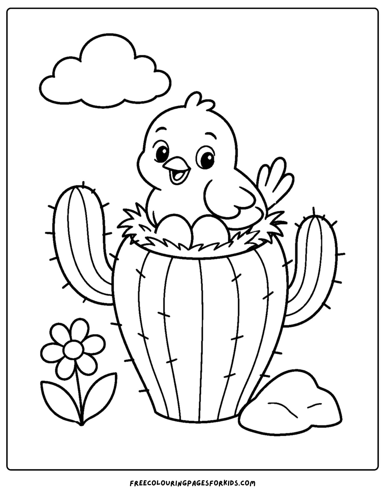 a desert coloring page showing a bird making a nest on a cactus