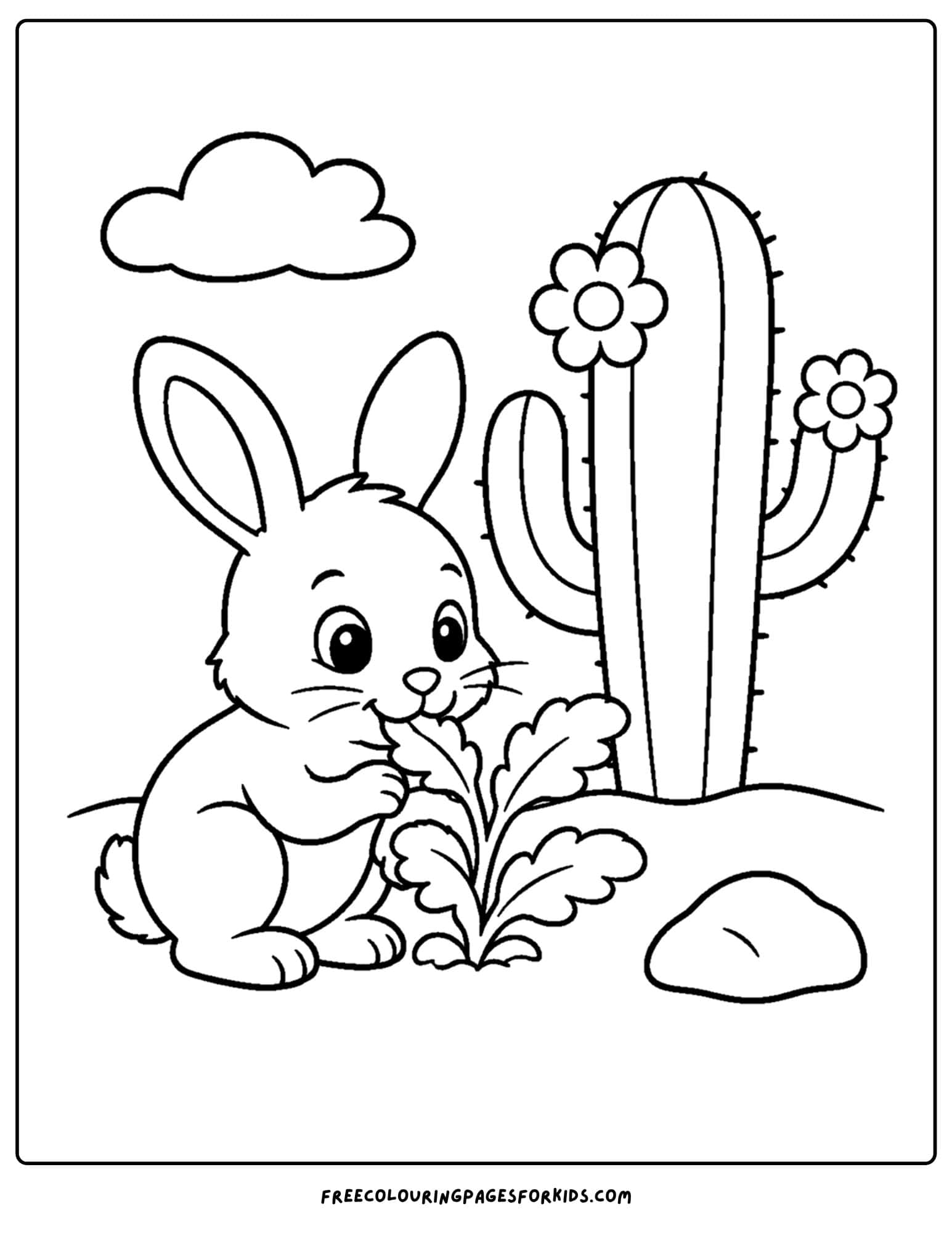 a desert coloring page showing a bunny snacking on a bush