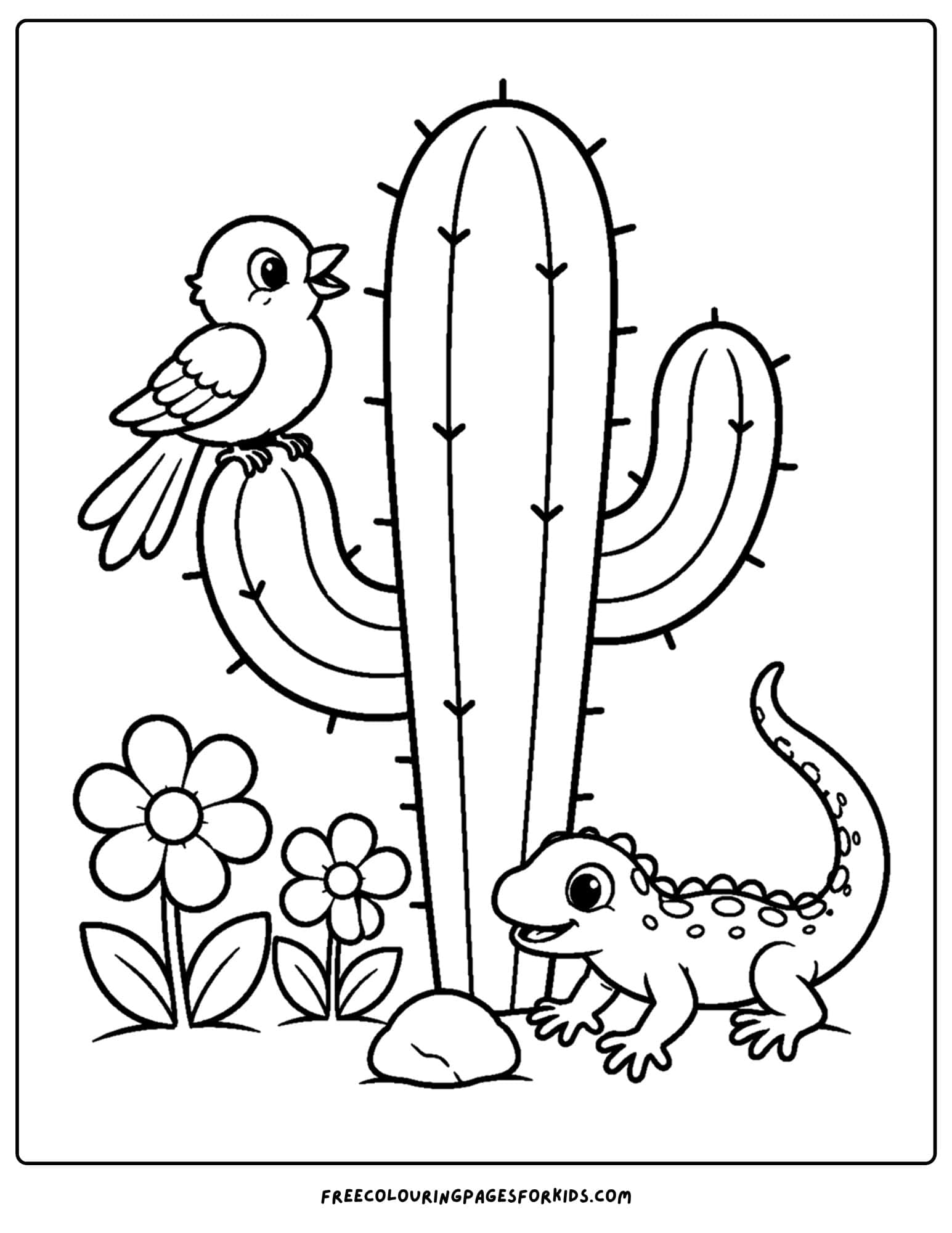 a desert coloring page showing a cactus with a bird and lizard