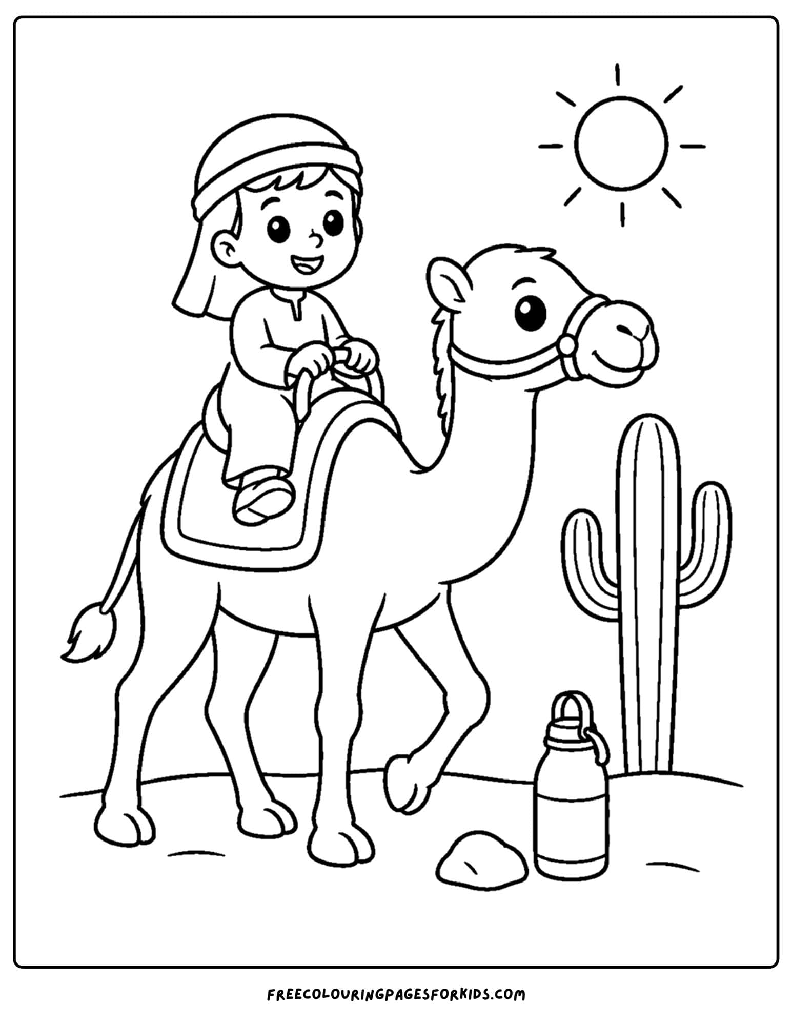 a desert coloring page showing a child riding a camel