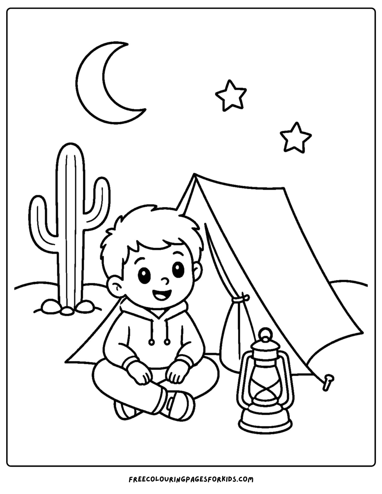 a desert coloring page showing a kid camping out overnight in the desert