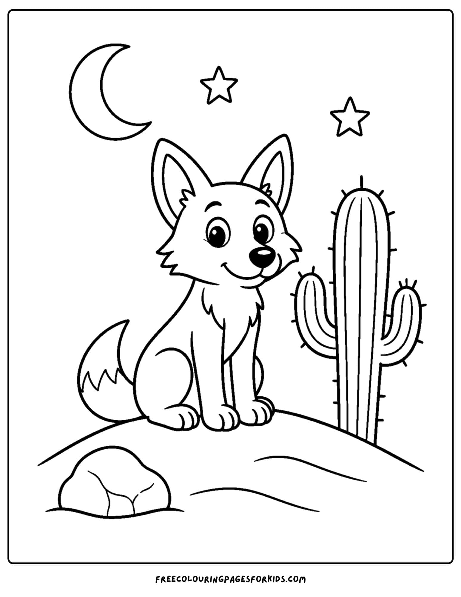 a desert coloring page showing a coyote on a hill under the moon
