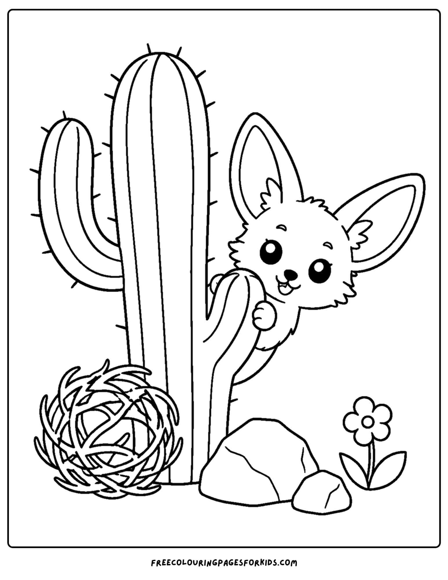 a desert coloring page showing a fennec fox peeking from behind a cactus