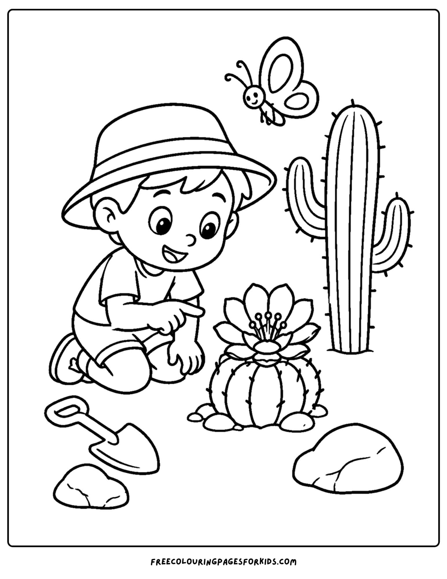 a desert coloring page showing a child finding a flower on a cactus