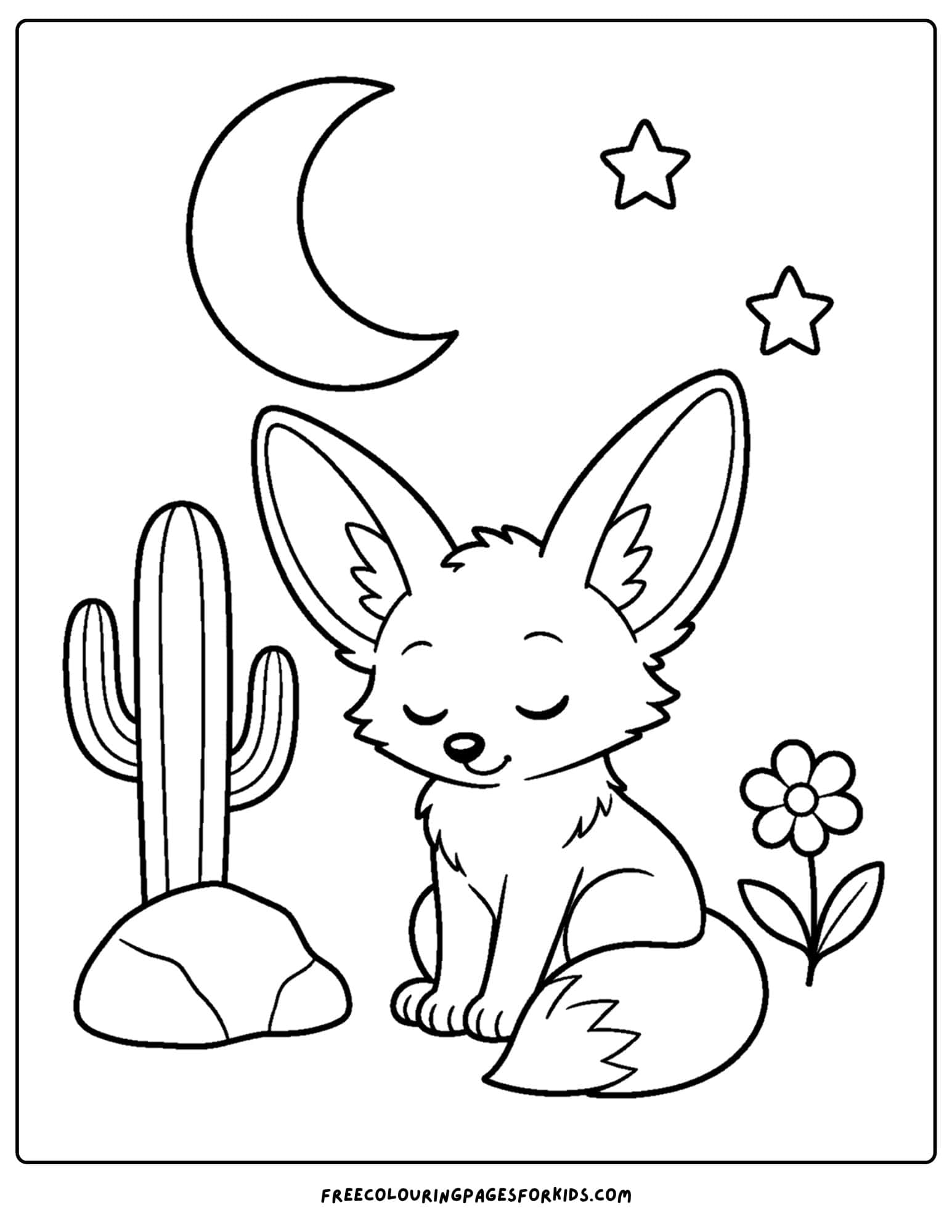 a desert coloring page showing a fennec fox sleeping under the moon