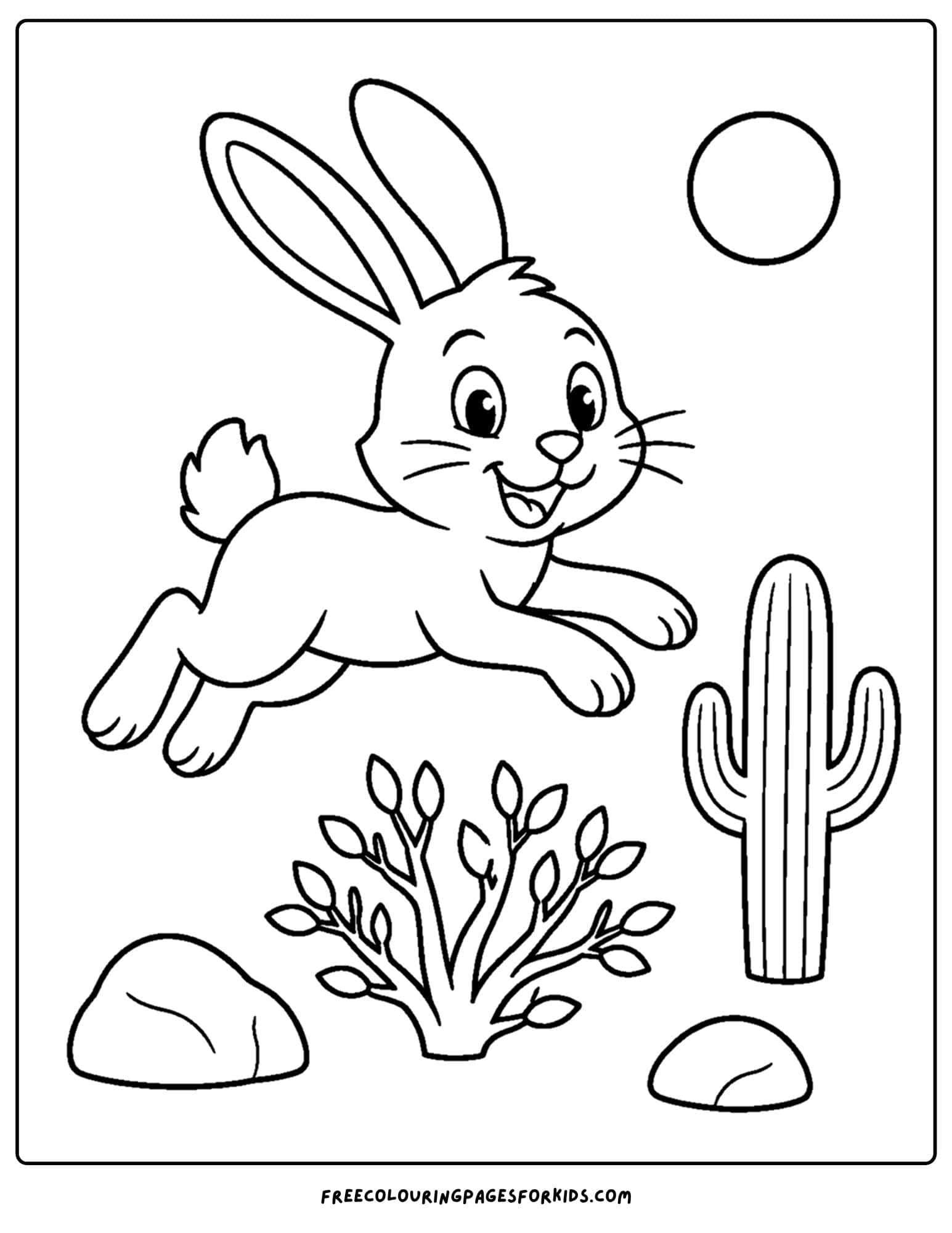 a desert coloring page showing a jackrabbit hopping over a bush