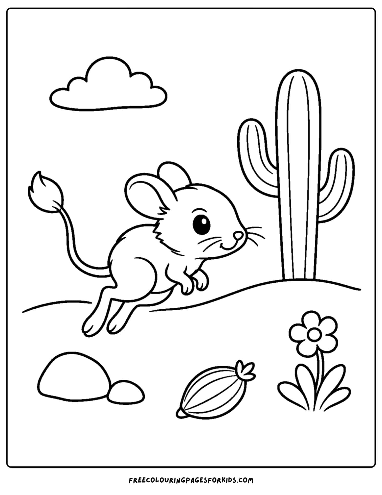 a desert coloring page showing a desert kangaroo mouse hopping across the sand