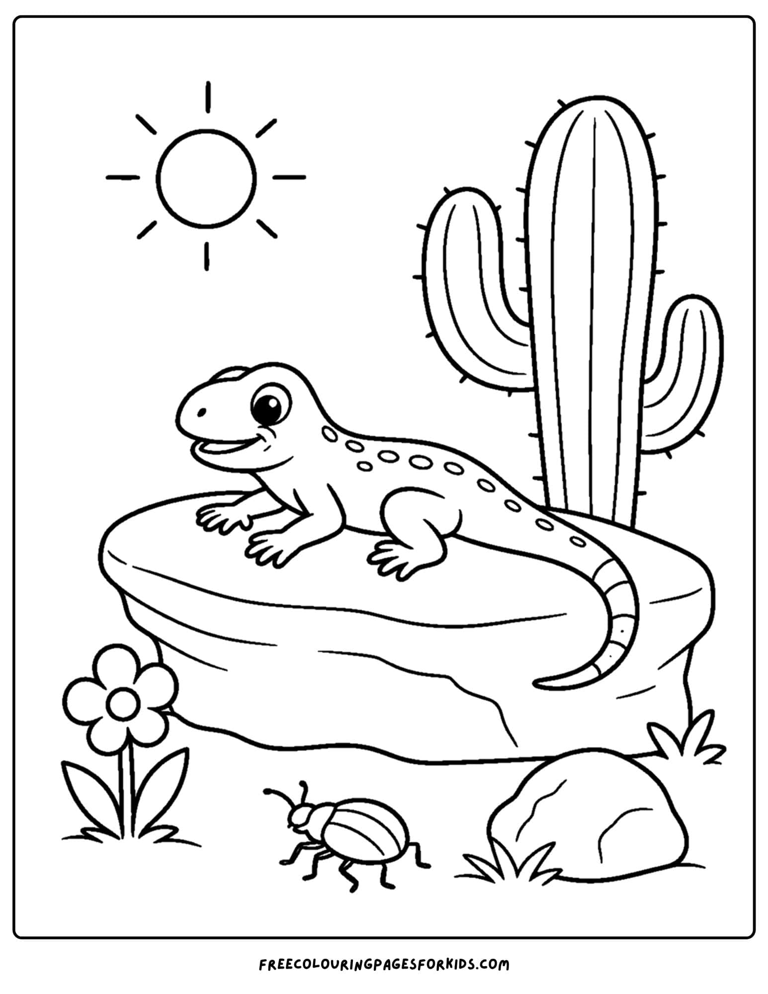 a desert coloring page showing a lizard sunning itself on a rock