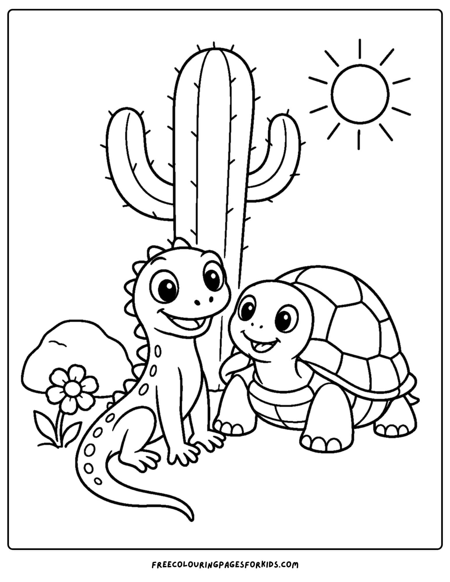 a desert coloring page showing a lizard and a tortoise together