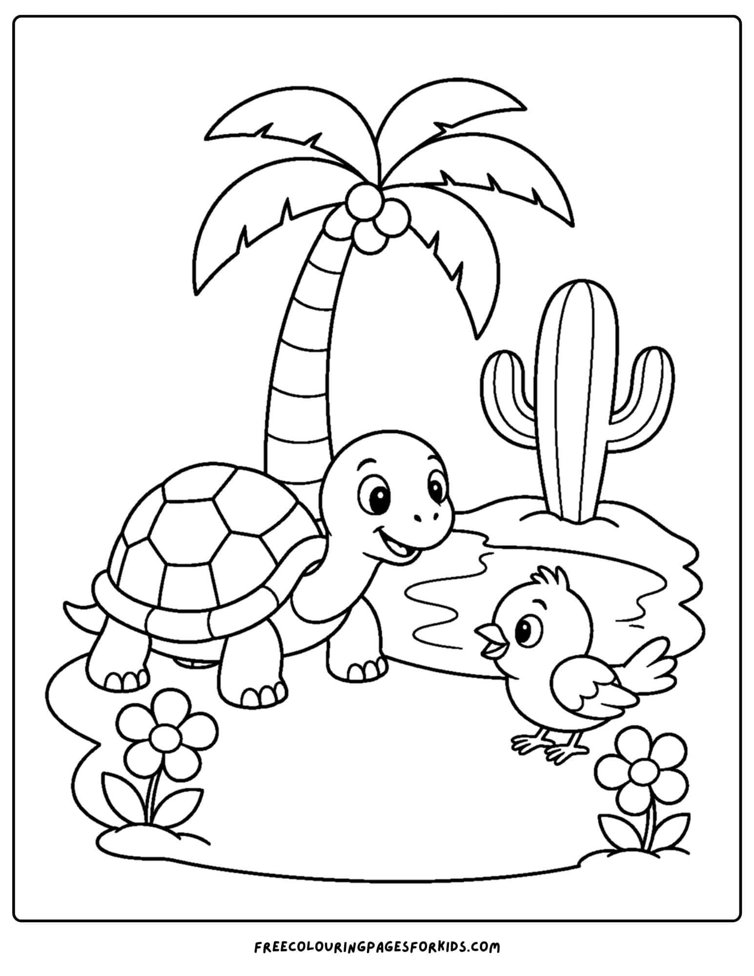 a desert coloring page showing an oasis with a tortoise and bird