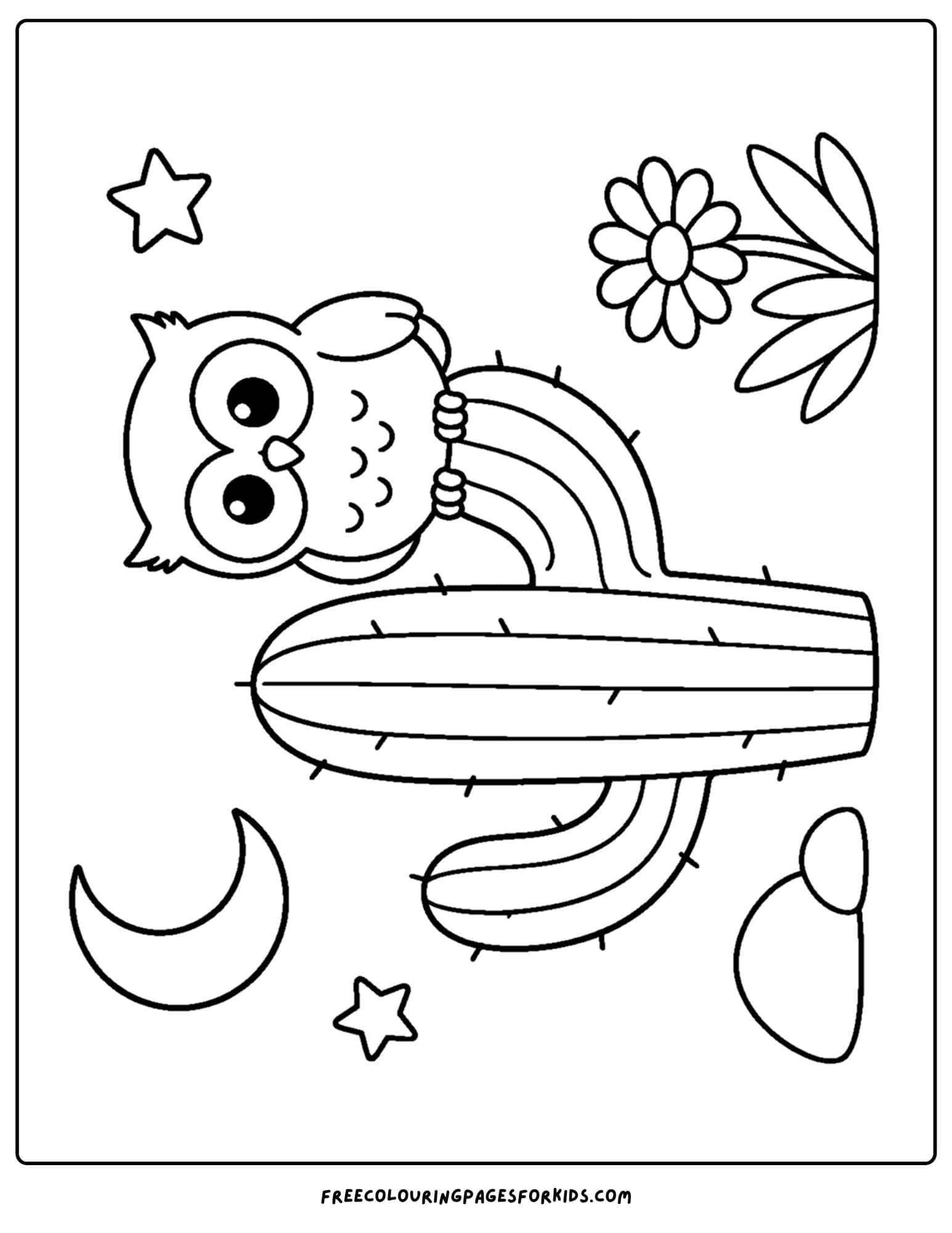 a desert coloring page showing an owl perched on a cactus