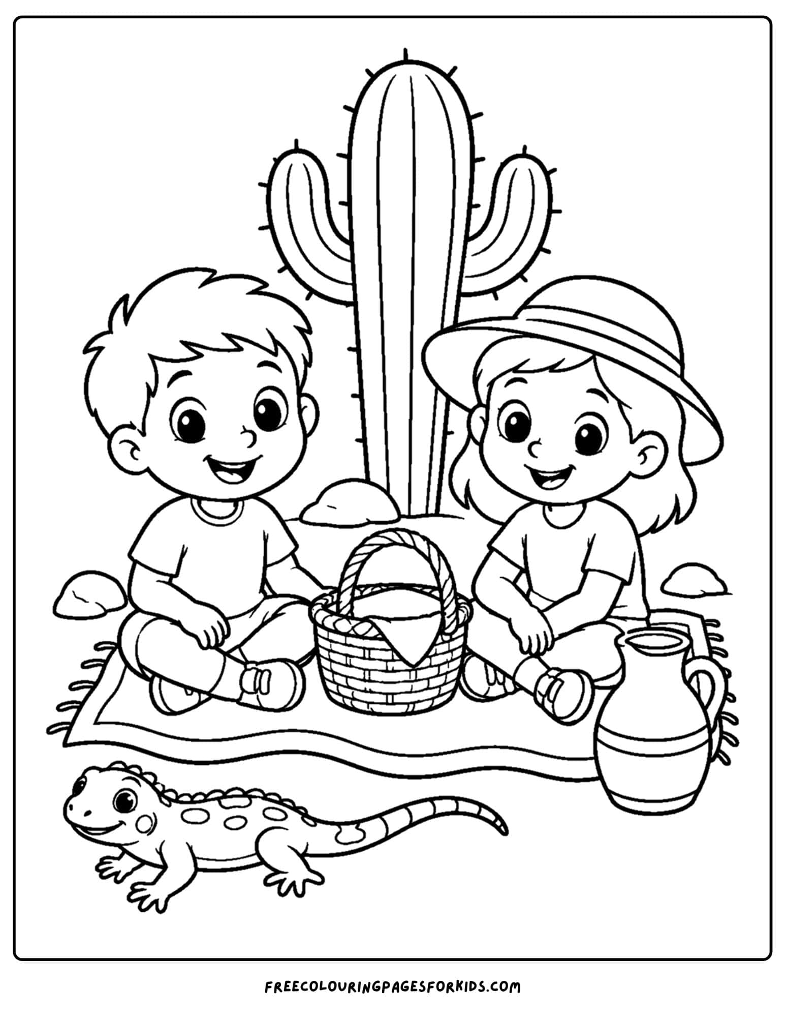 a desert coloring page showing a couple of children having a picnic in the desert