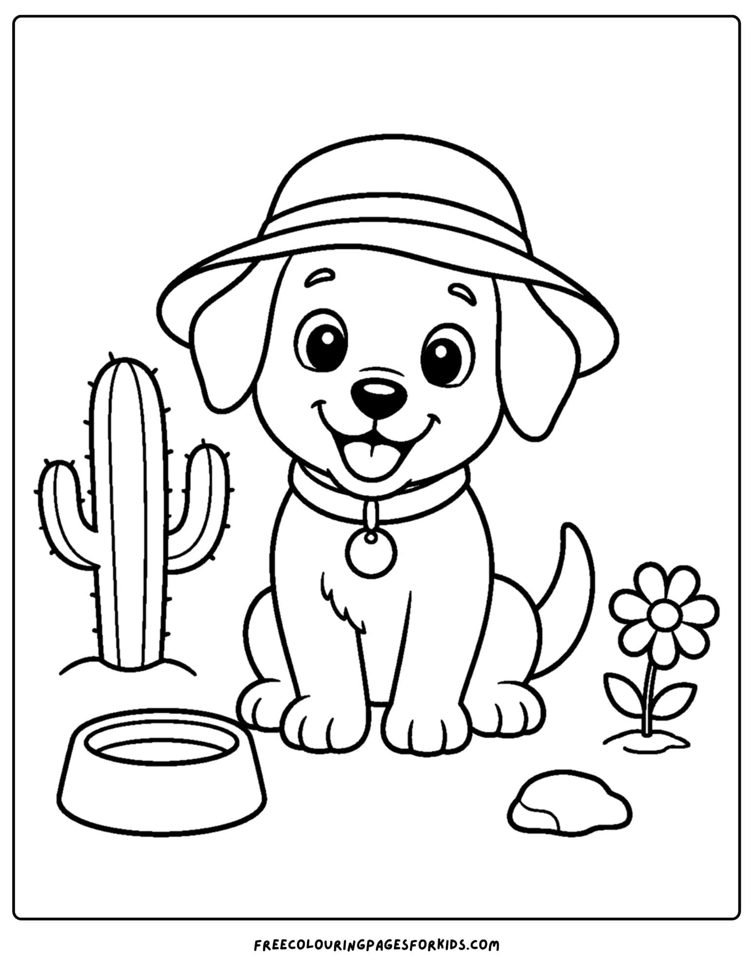 a desert coloring page showing a puppy wearing a hat in the desert