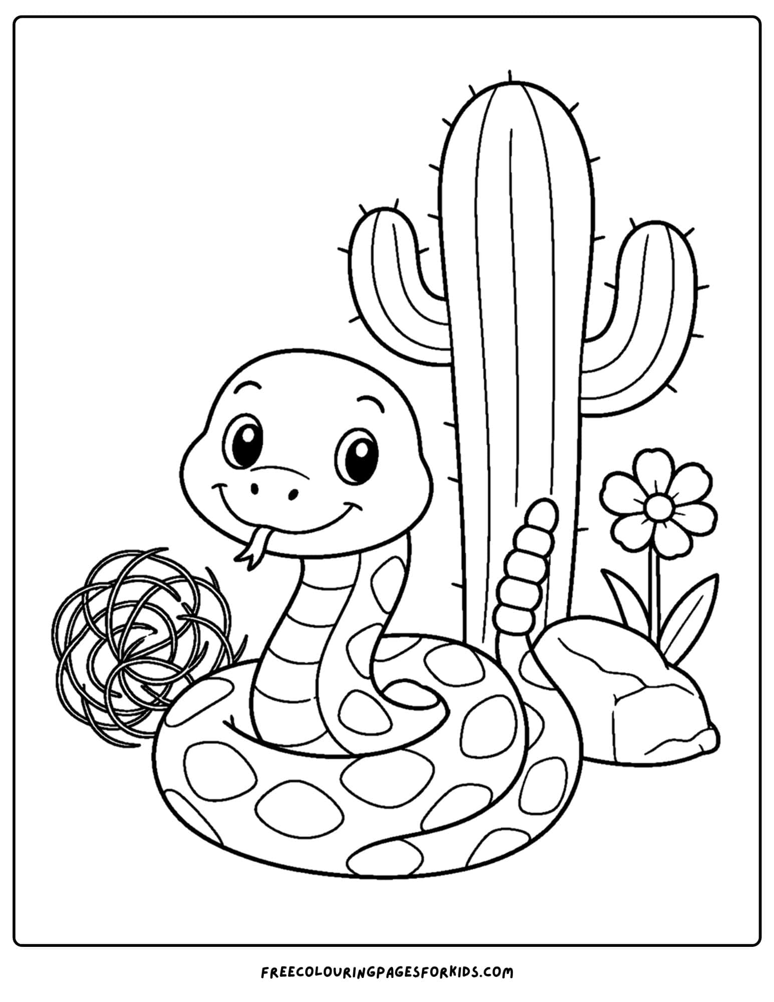 a desert coloring page showing a rattlesnake curled up beside a cactus