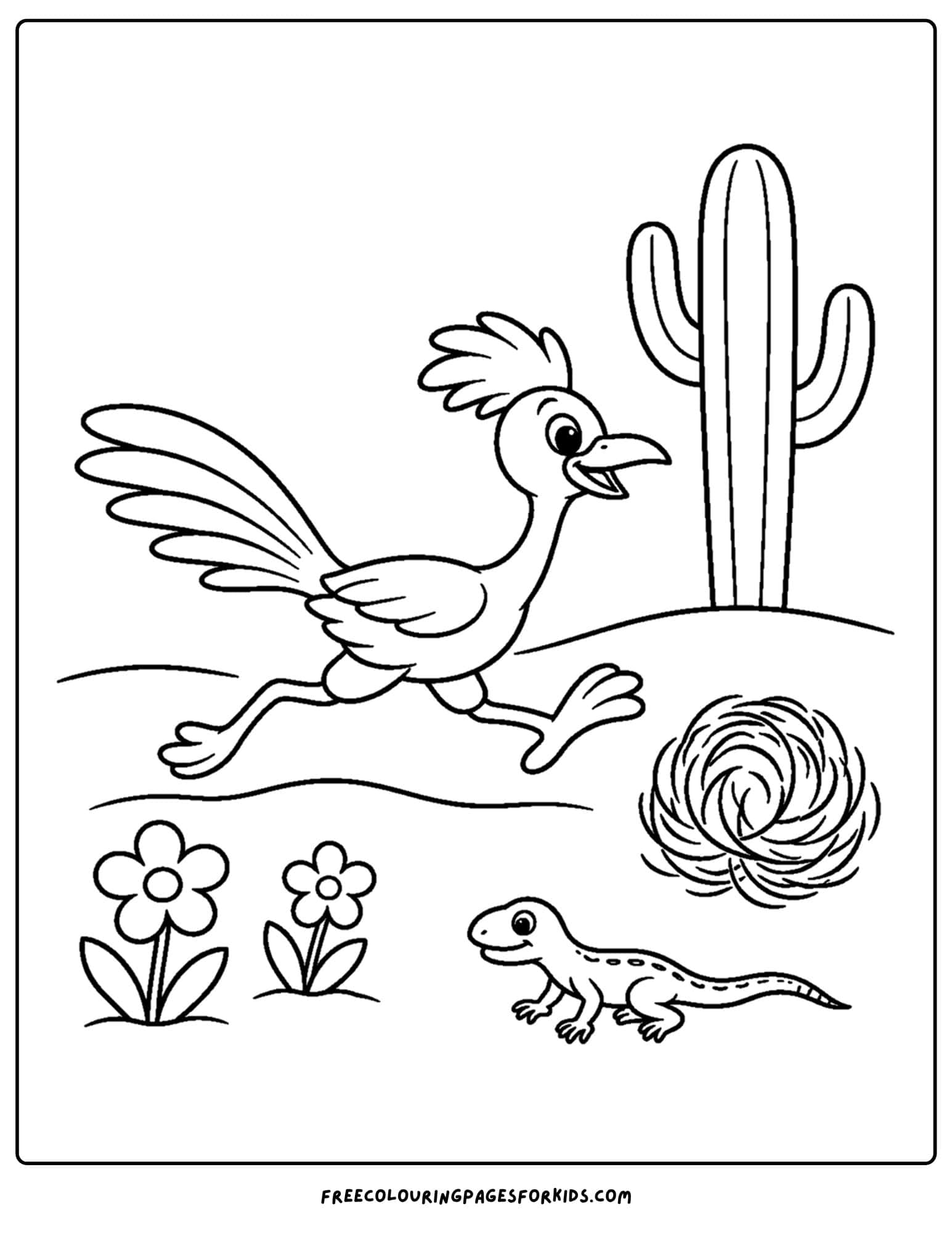 a desert coloring page showing a roadrunner dashing across the sand