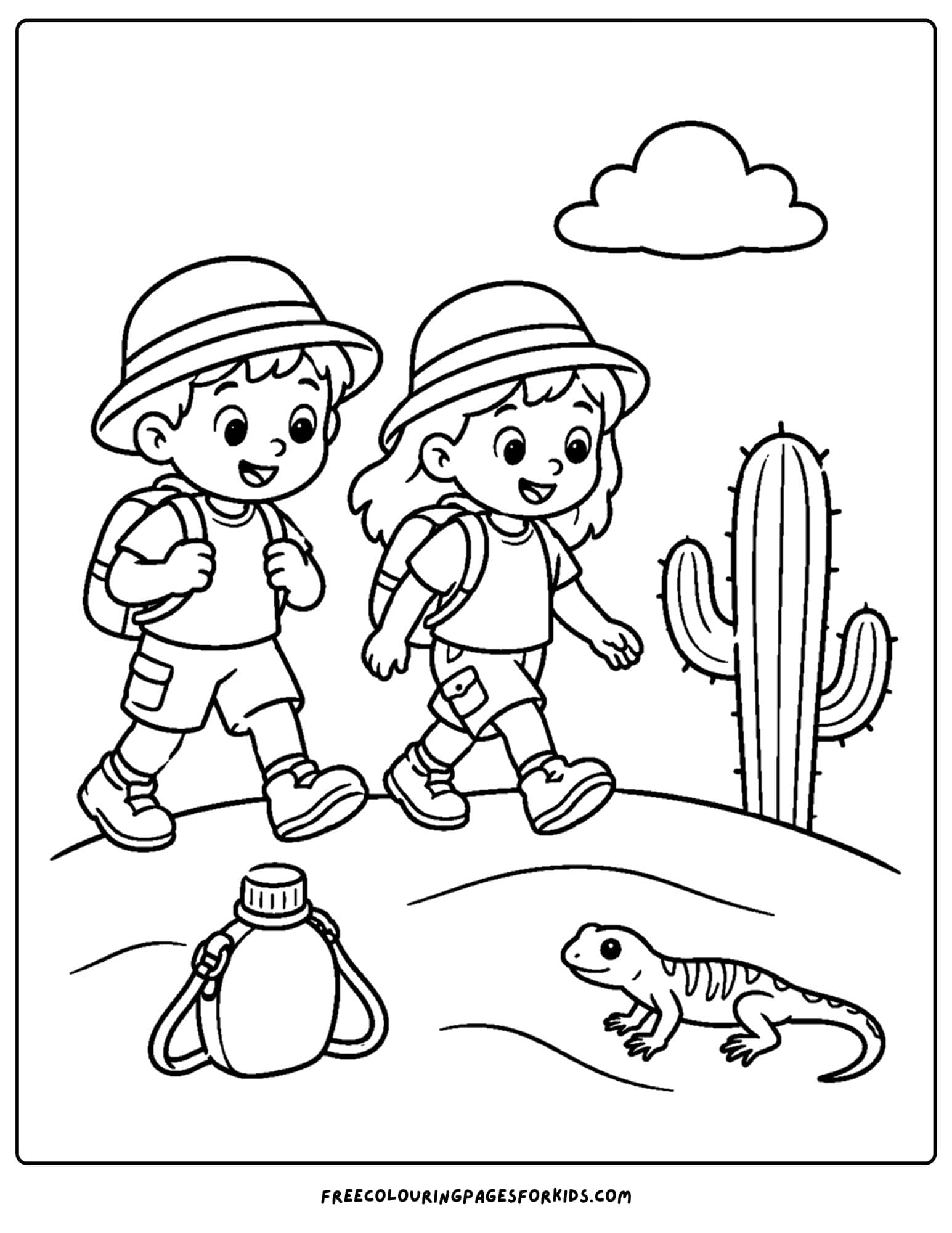 a desert coloring page showing a couple of kids going on a hike in the desert