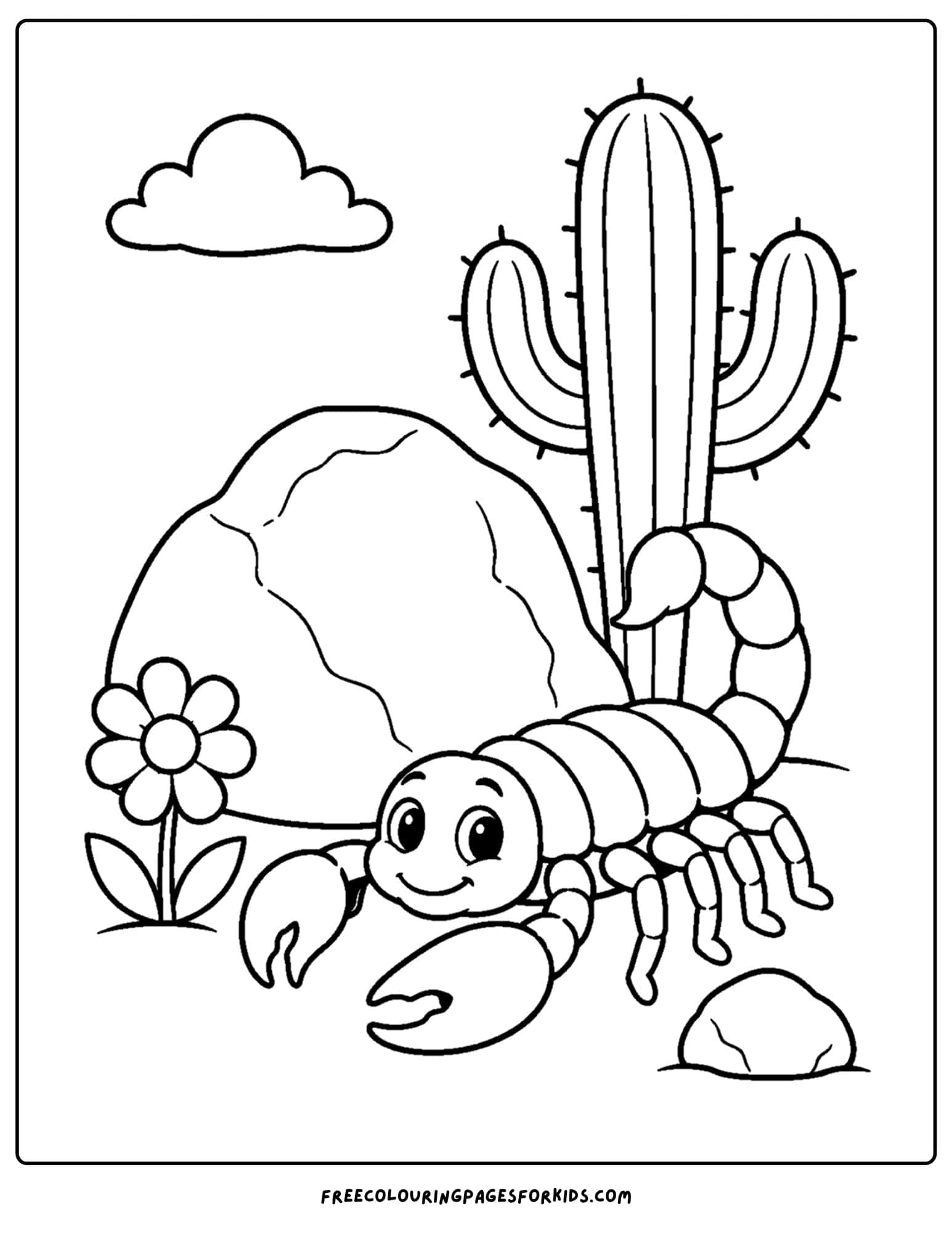 a desert coloring page showing a scorpion beside a big rock and a cactus