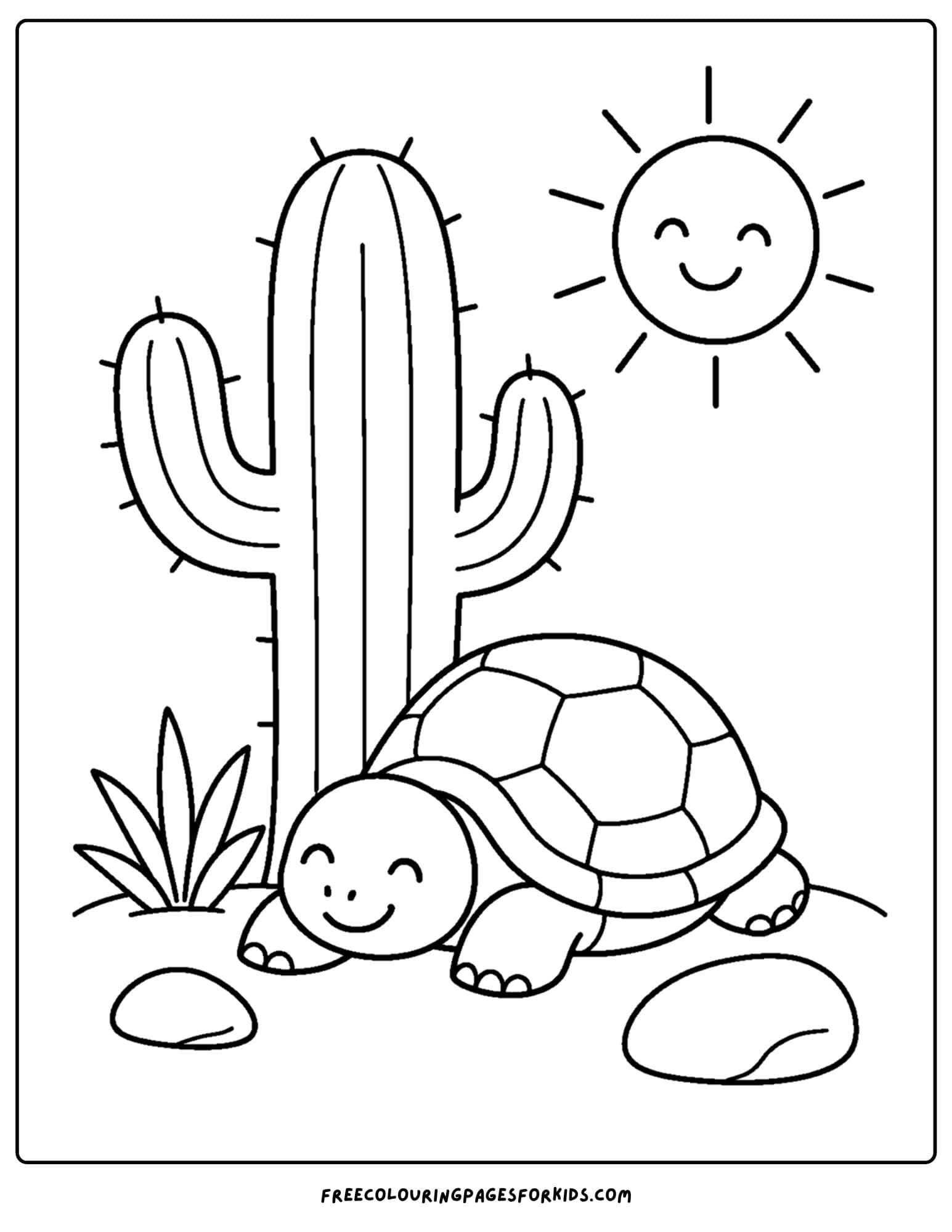 a desert coloring page showing a desert tortoise beside a cactus