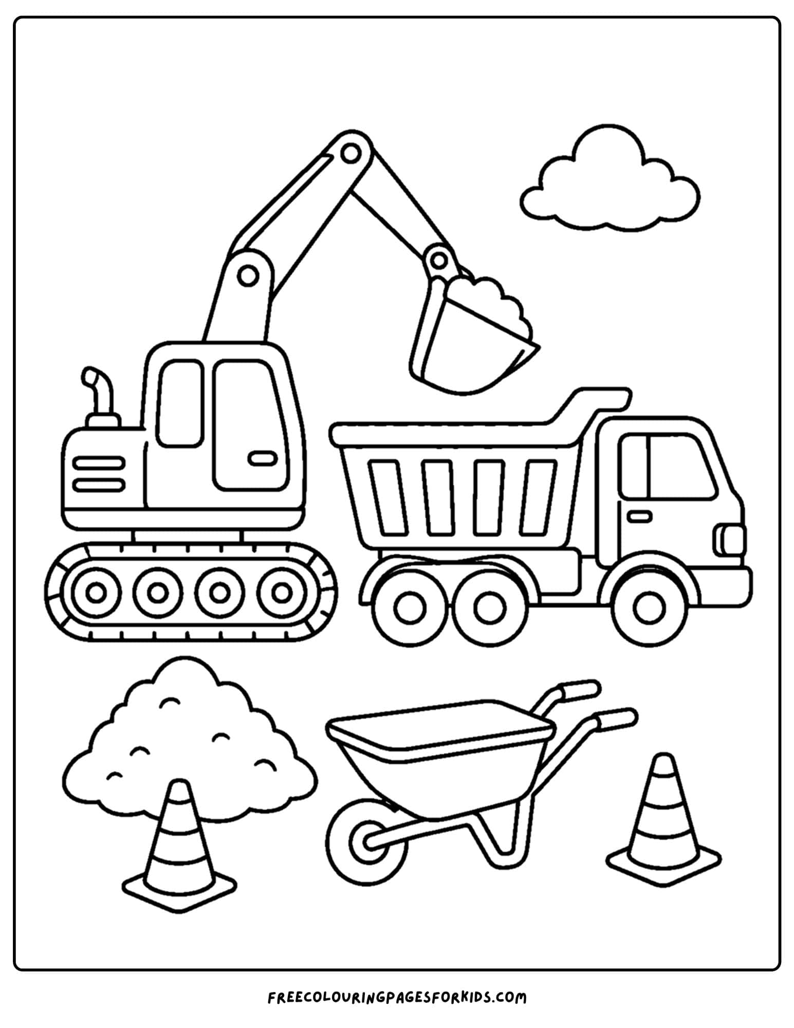 a coloring page of an excavator putting dirt into a dump truck