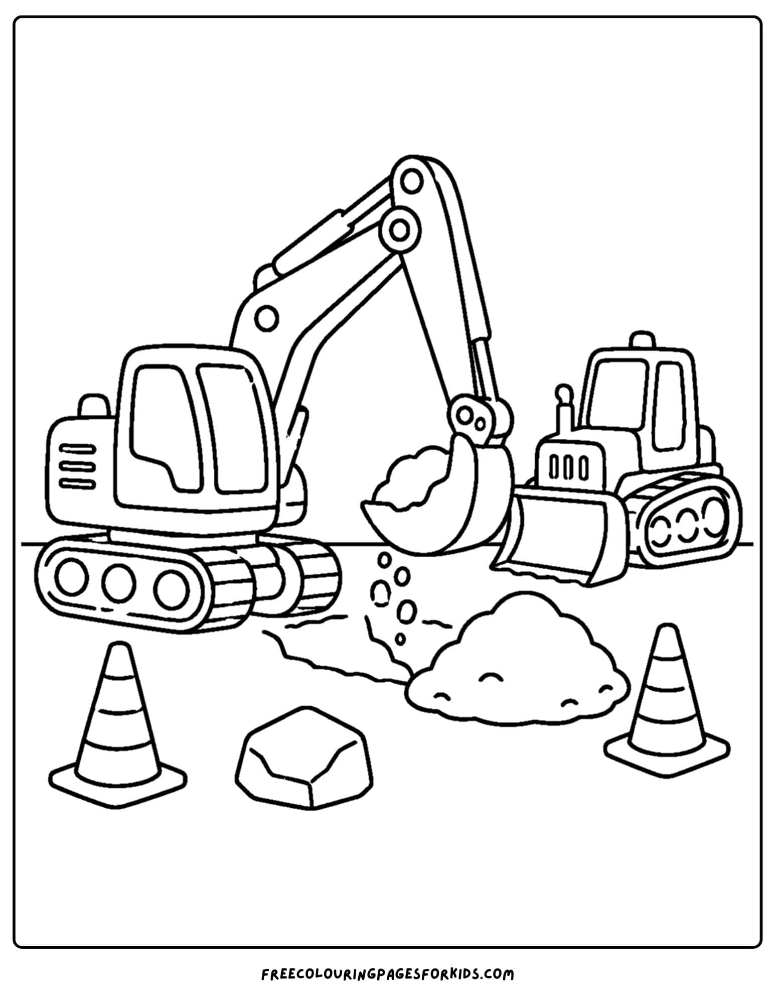 a coloring page of an excavator beside a small bulldozer