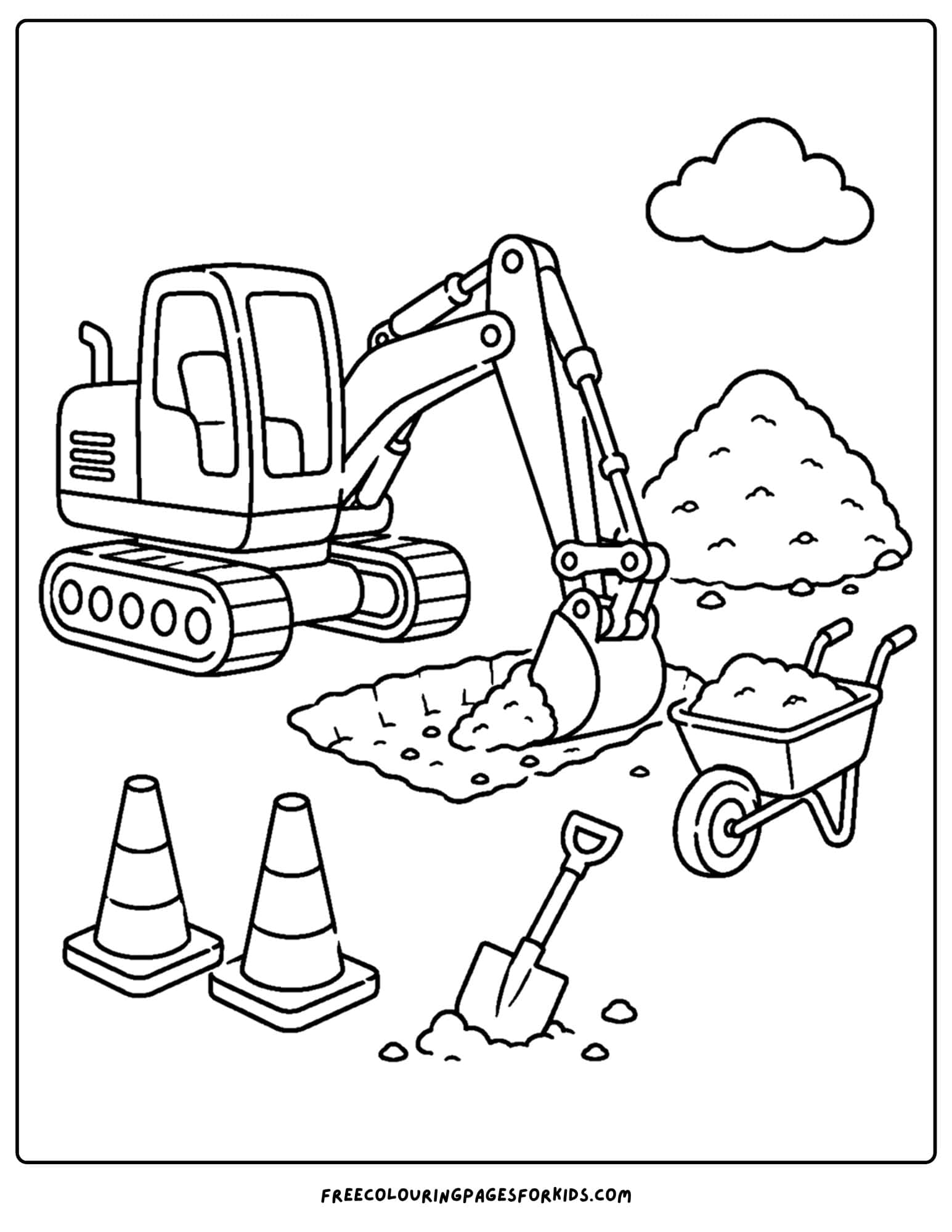 a coloring page of an excavator beside a wheelbarrow