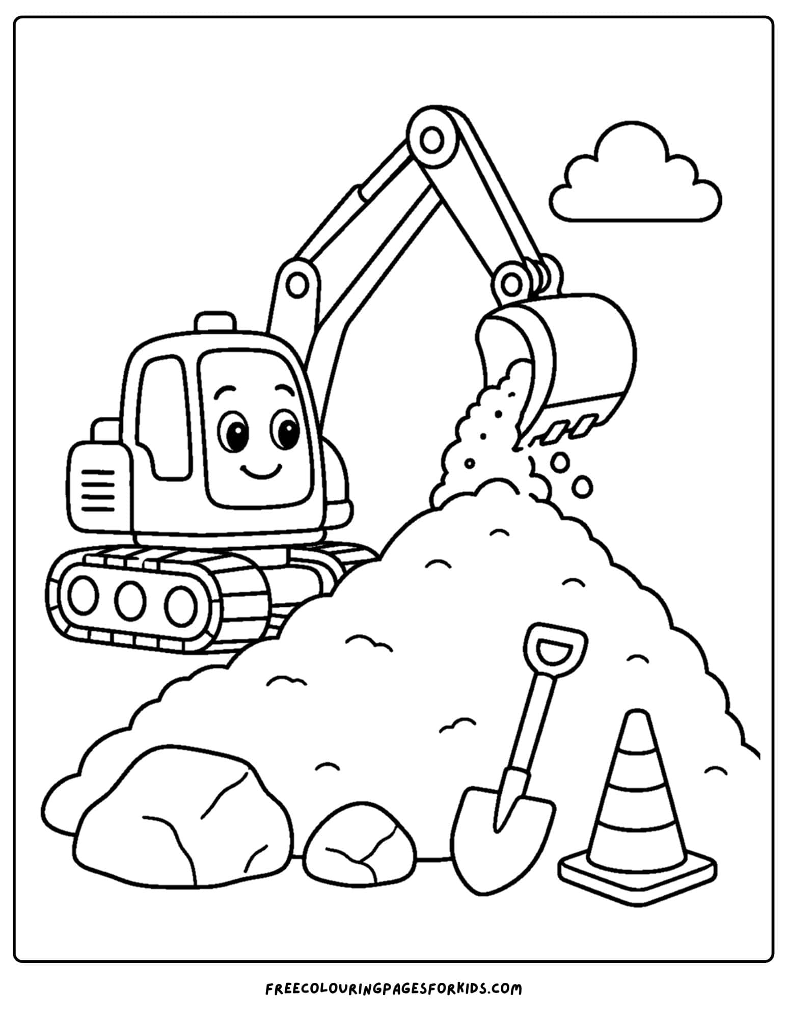 a coloring page of an excavator building a dirt mound