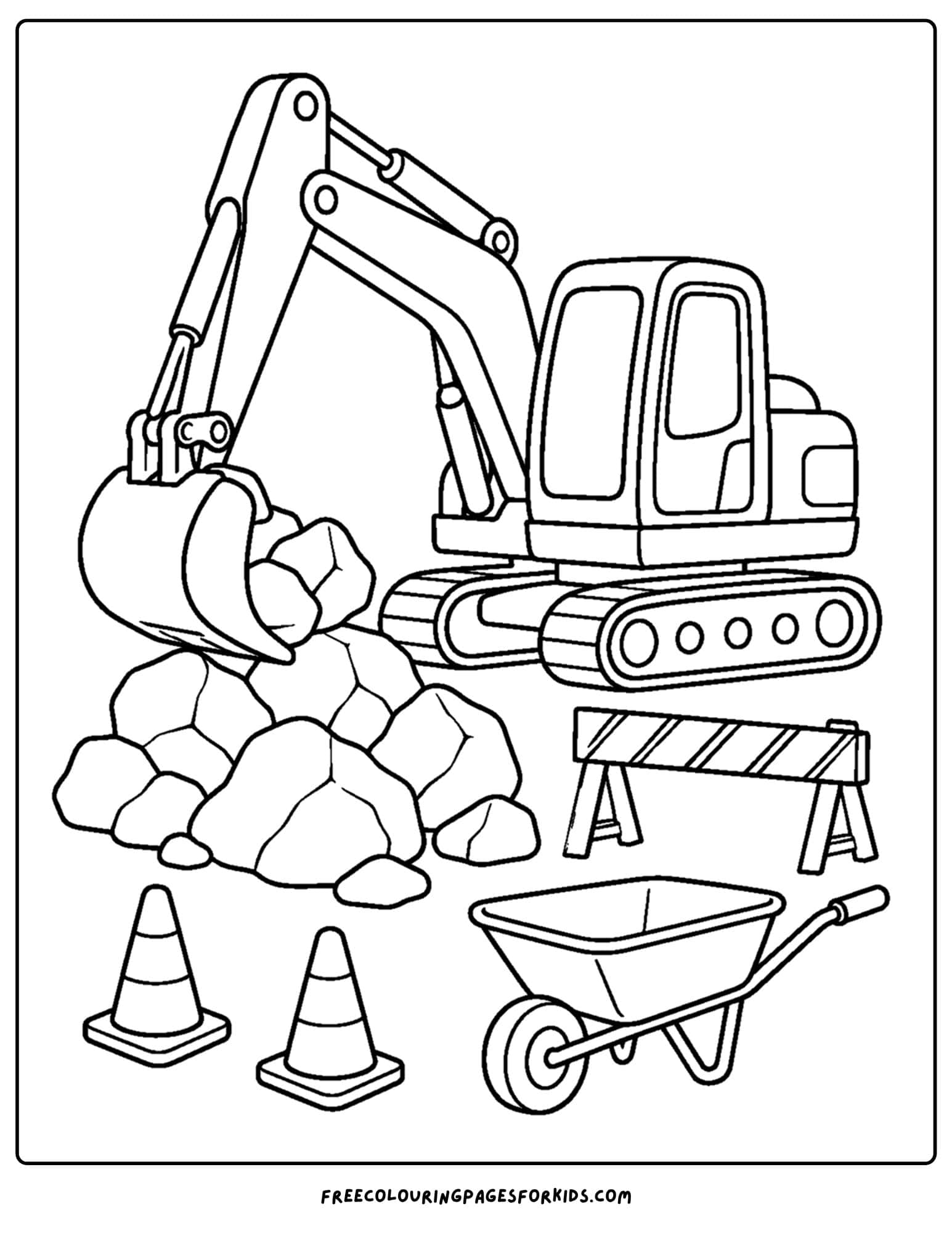 a coloring page of an excavator clearing a pile of dirt