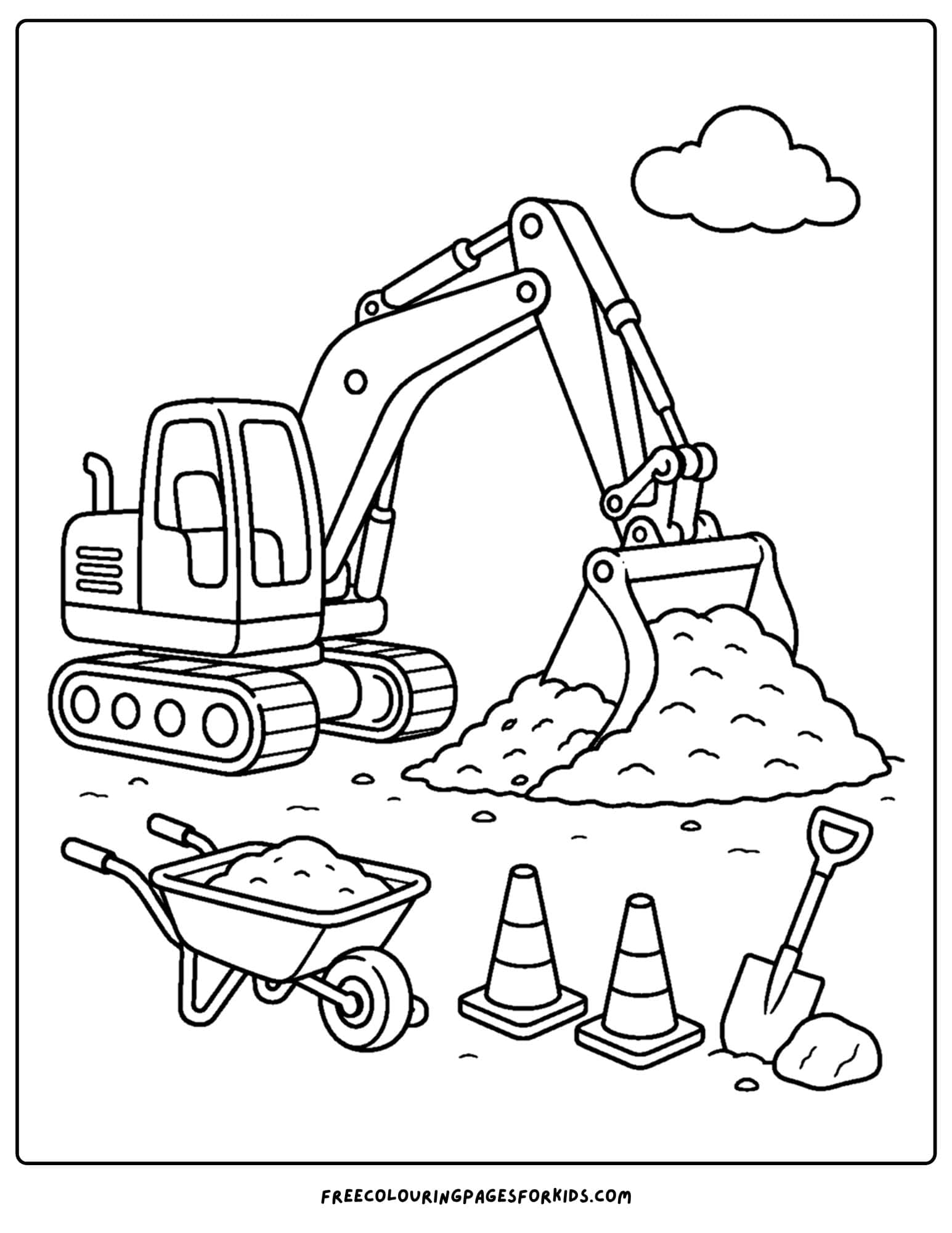 a coloring page of an excavator cleaning up a job site