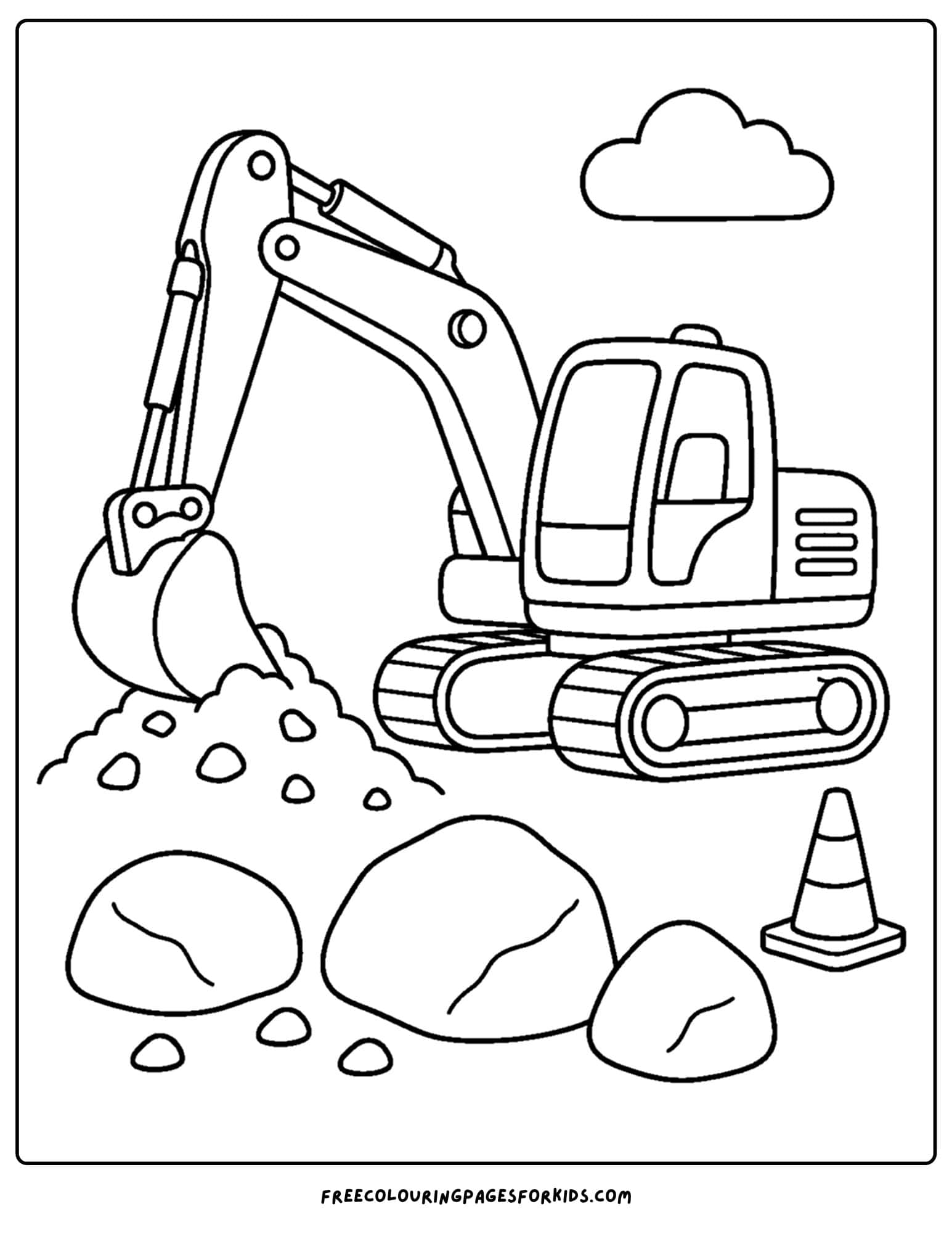 a coloring page of an excavator digging around large rocks