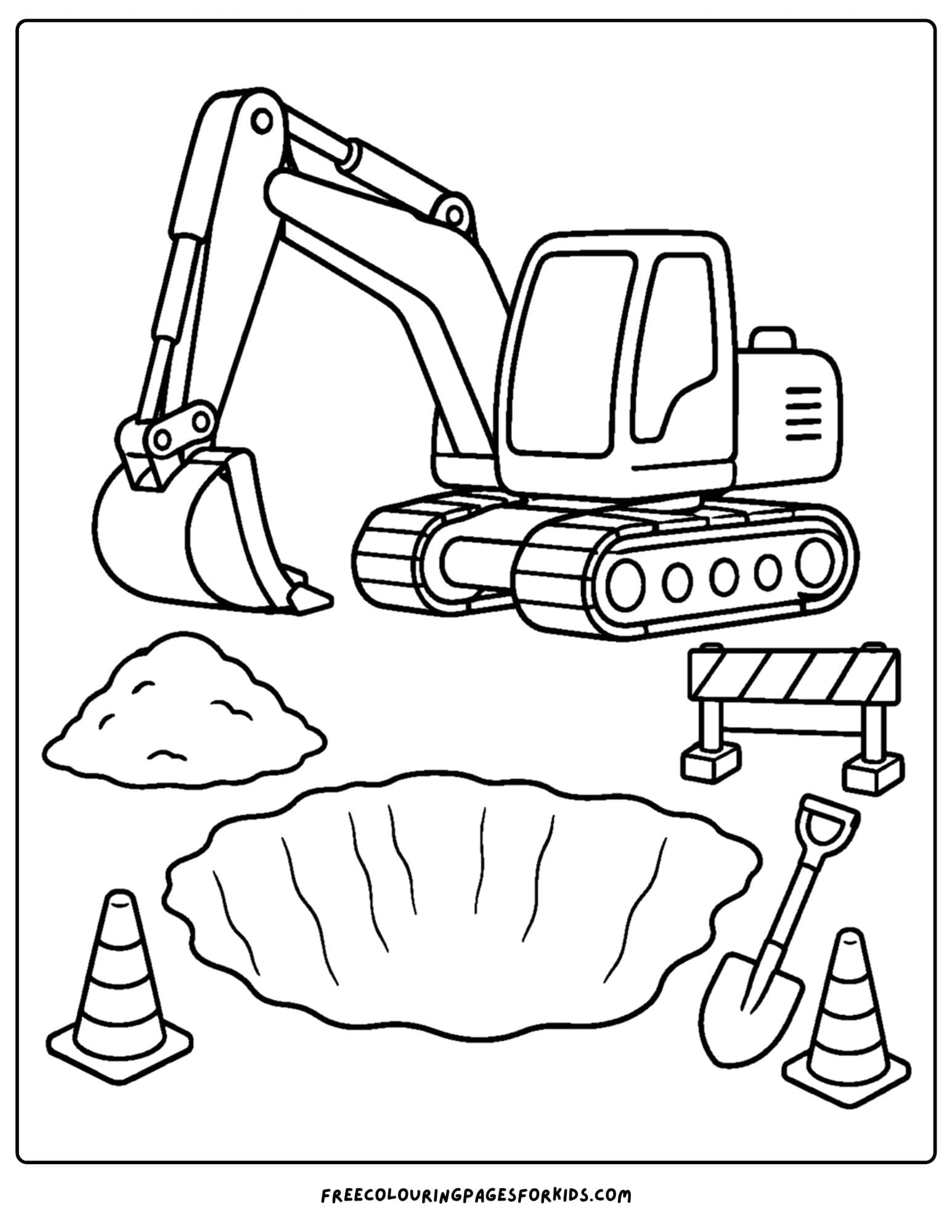 a coloring page of an excavator digging a deep hole