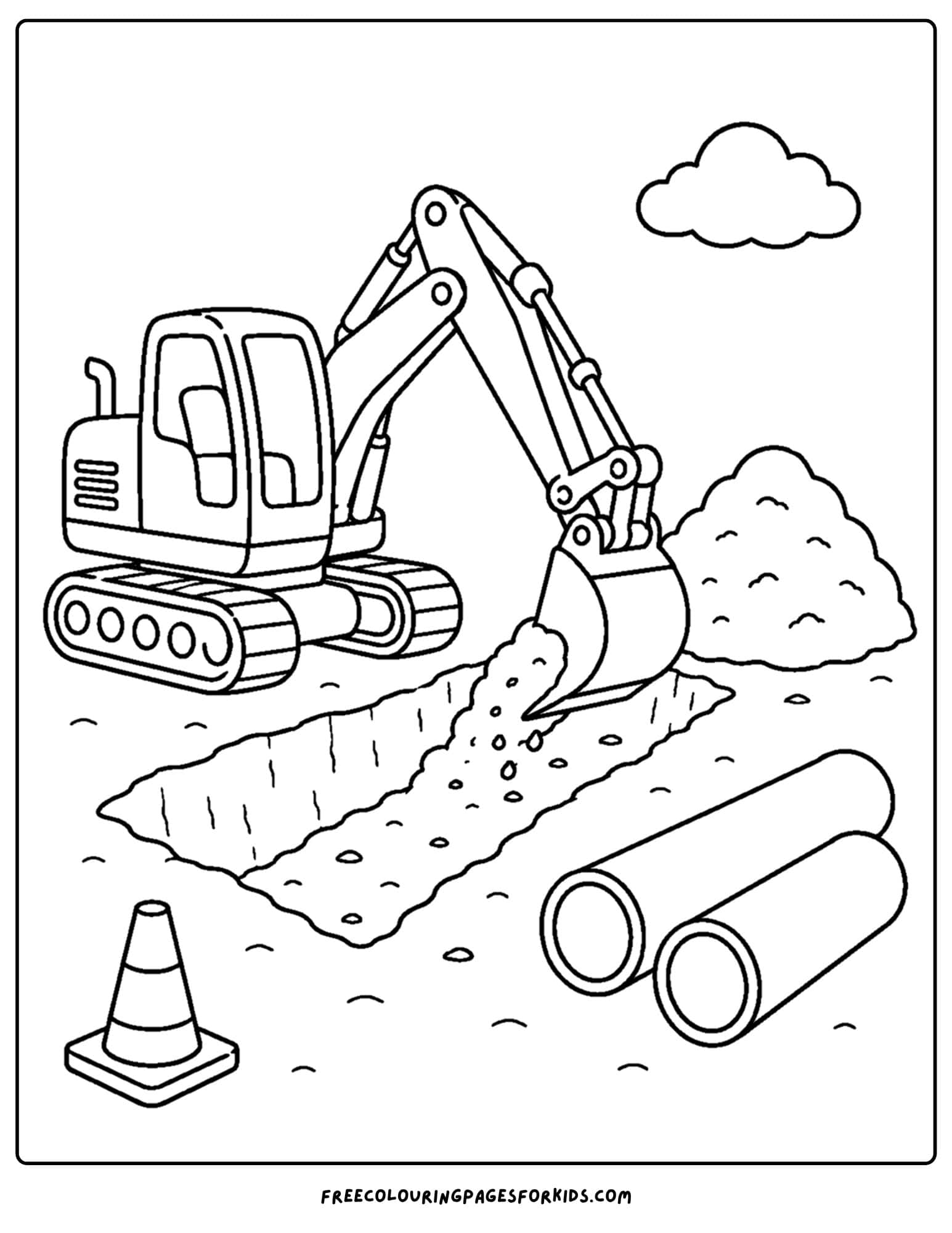 a coloring page of an excavator digging a drainage ditch