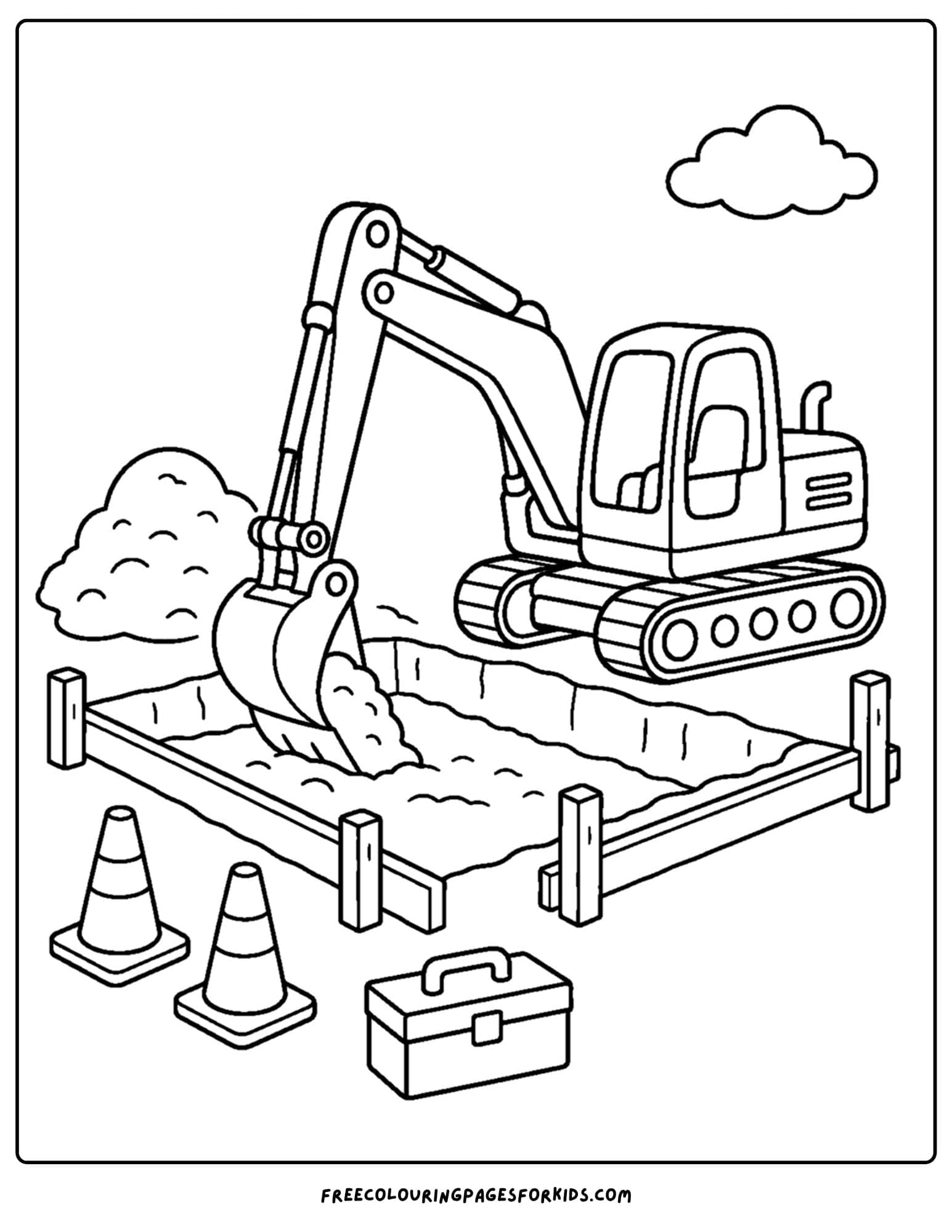 a coloring page of an excavator digging a foundation