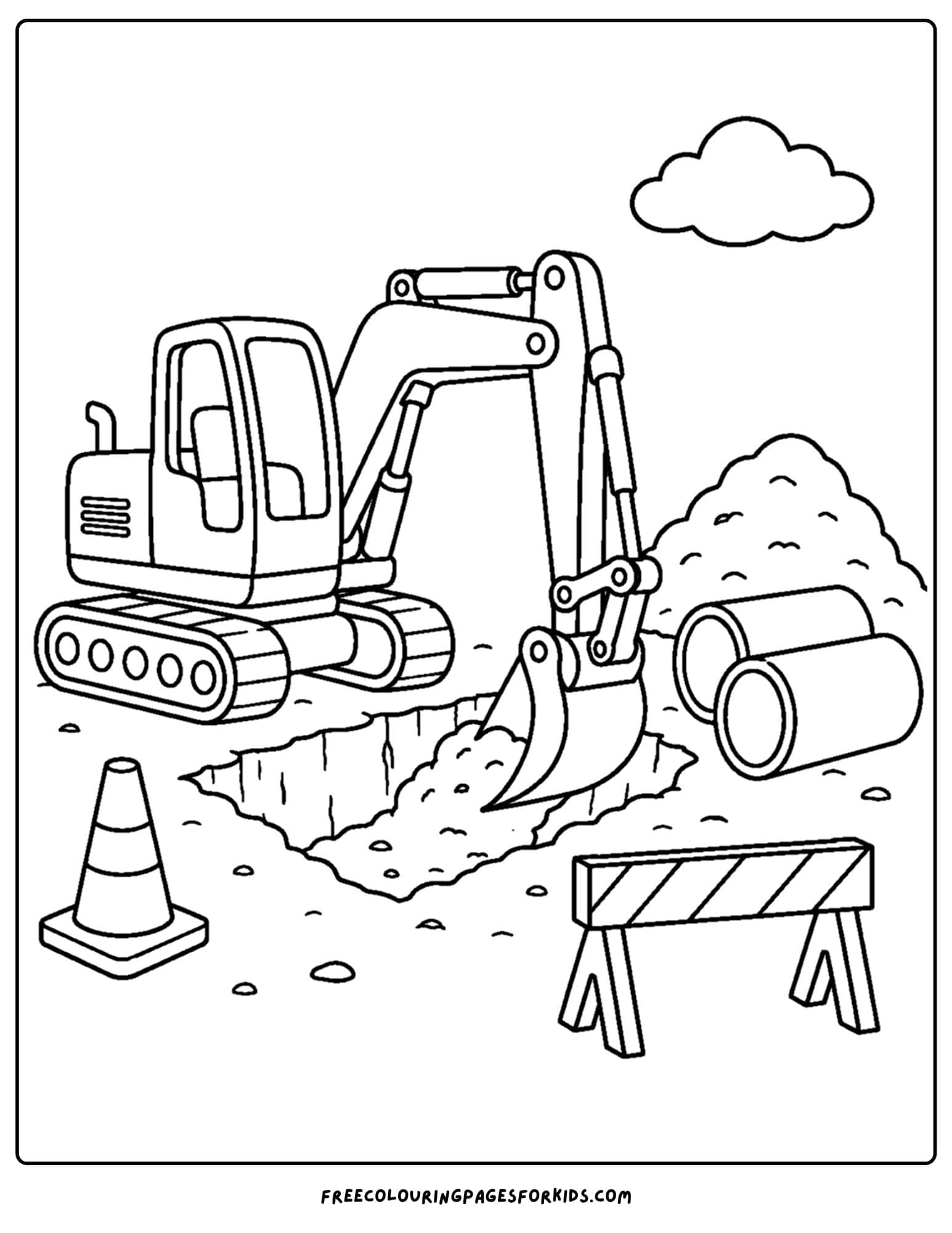 a coloring page of an excavator digging a hole for pipes to go in