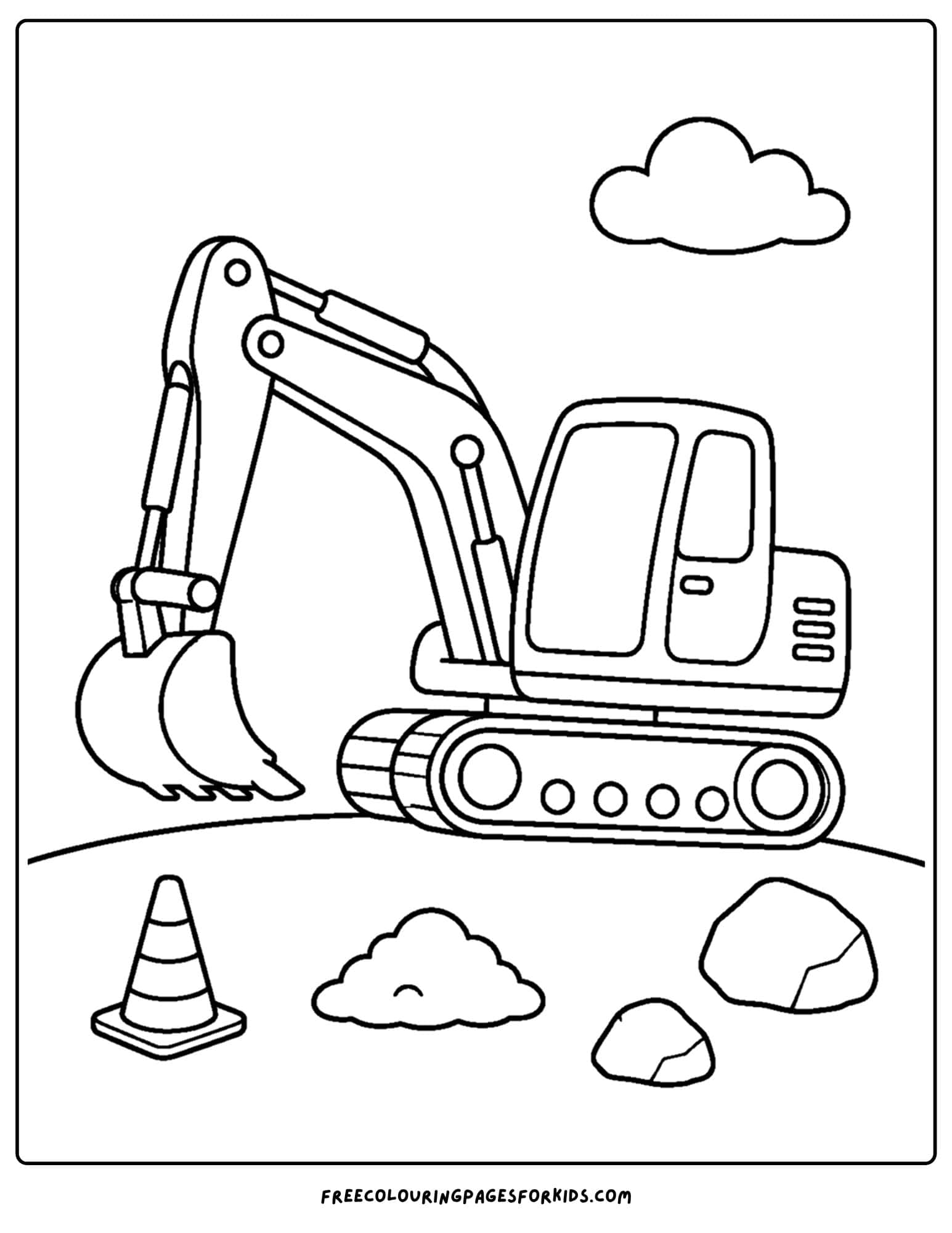 a coloring page of an excavator digging on a slope