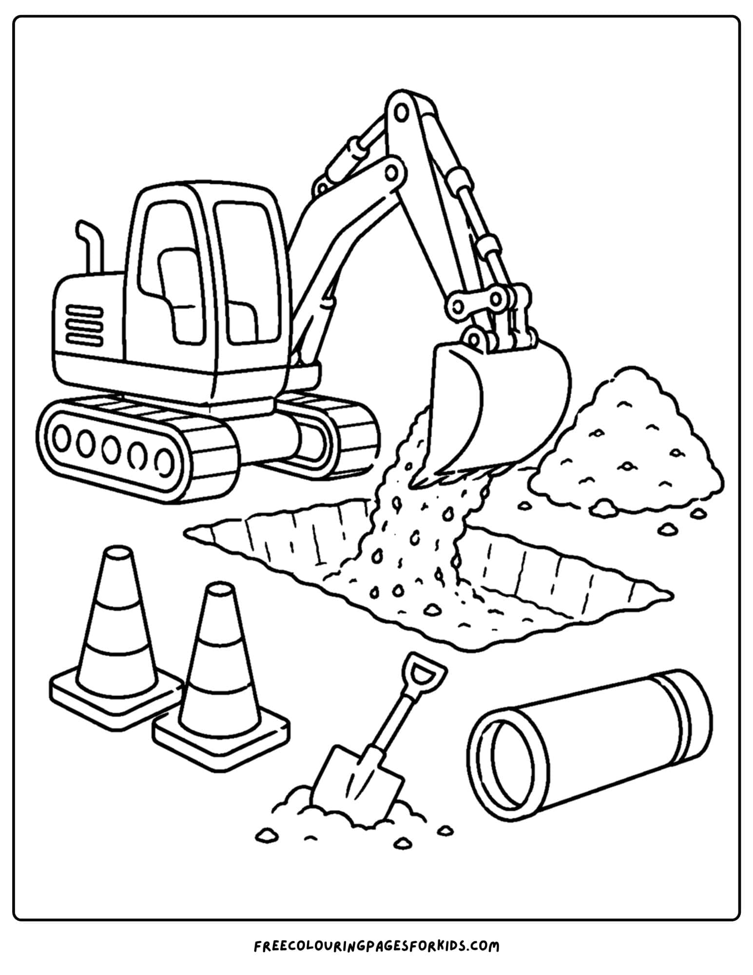 a coloring page of an excavator filling in a trench