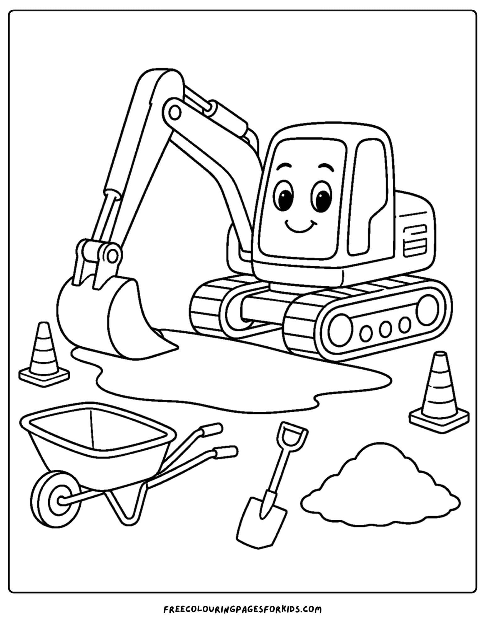 a coloring page of an excavator finishing up a job