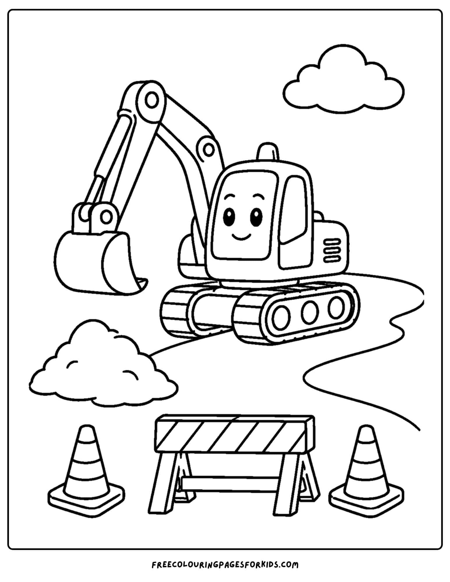 a coloring page of an excavator leaving the job site for the day