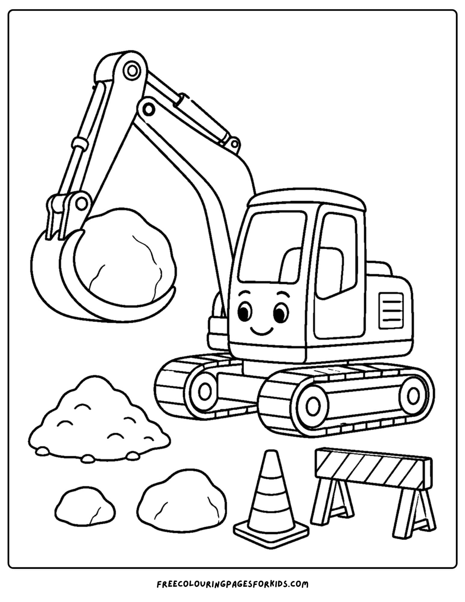 a coloring page of an excavator lifting a large boulder in its bucket
