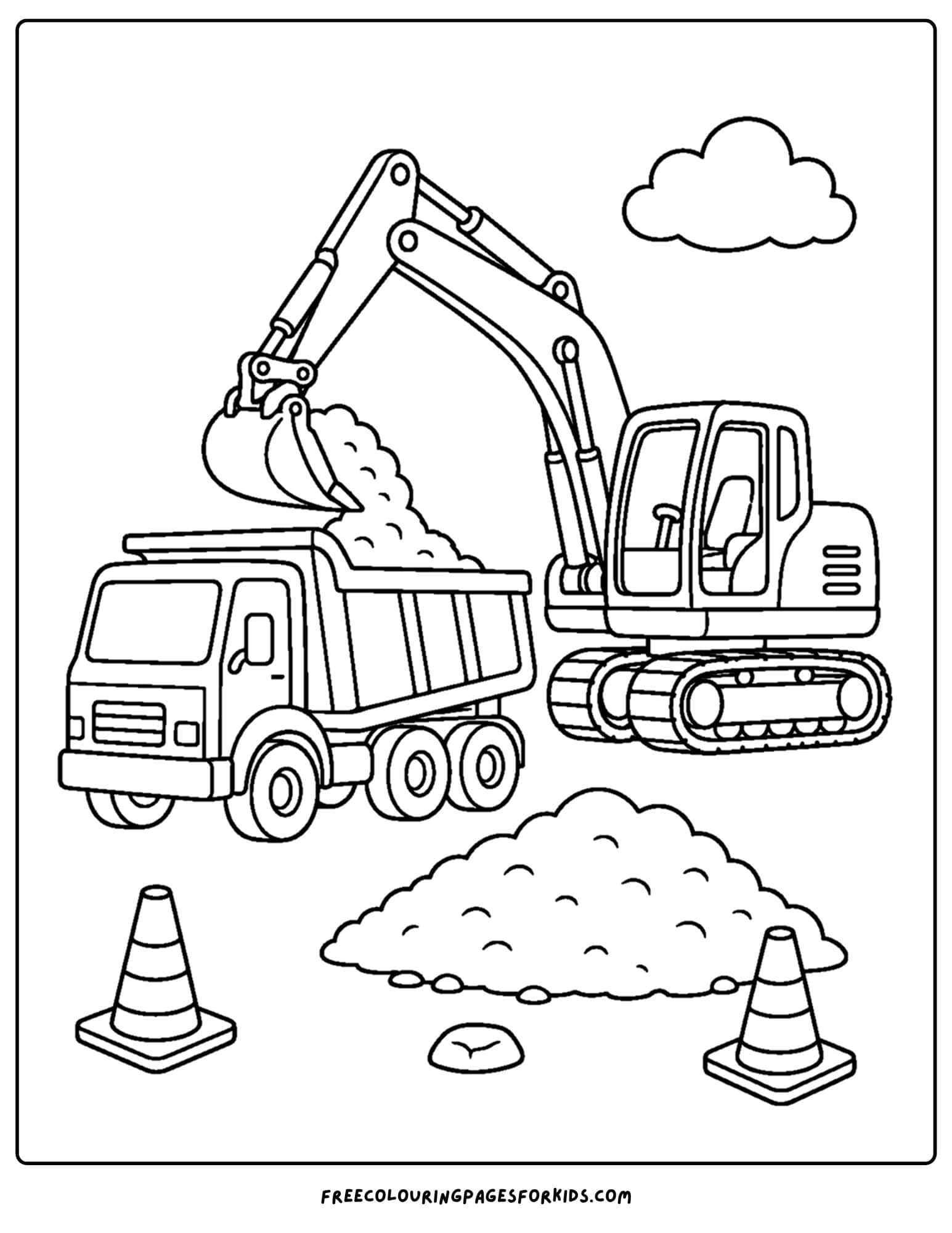 a coloring page of an excavator loading a dump truck with dirt